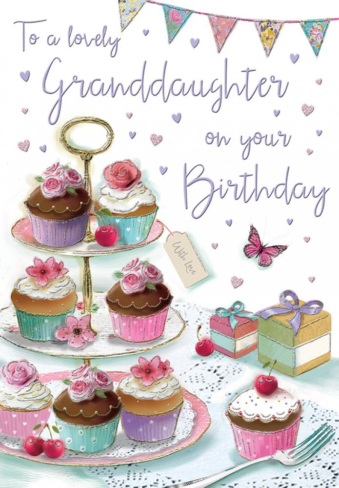 Front of Granddaughter Cupcakes Stand Birthday Card