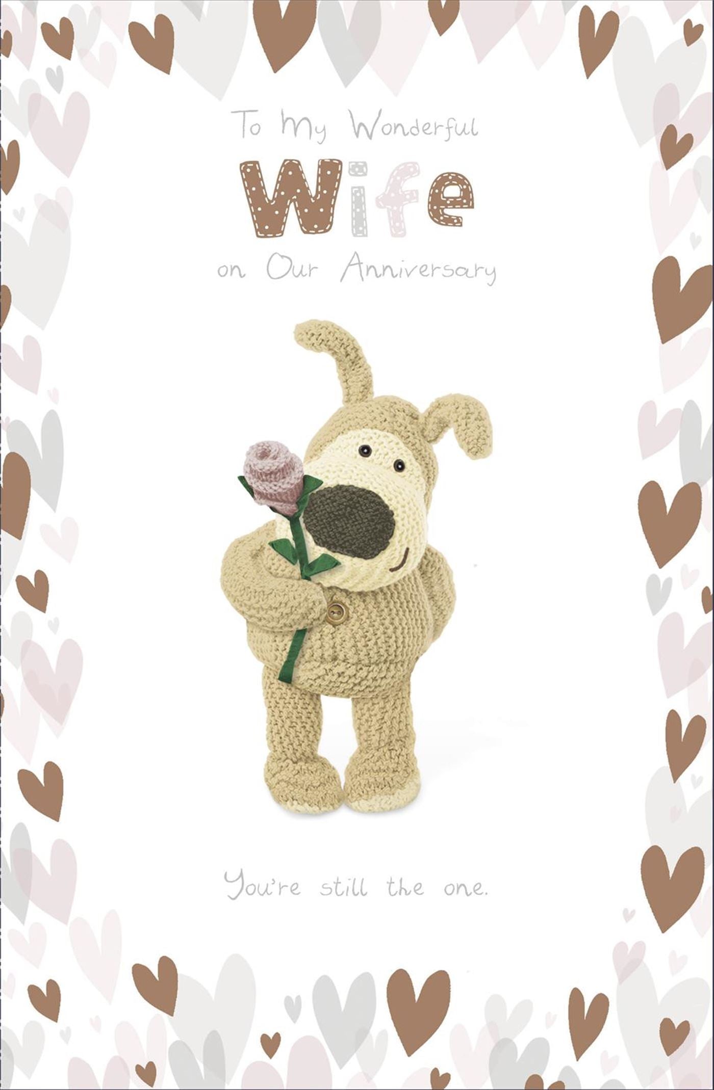 Front of Anniversary Wife Boofle with Rose Greetings Card