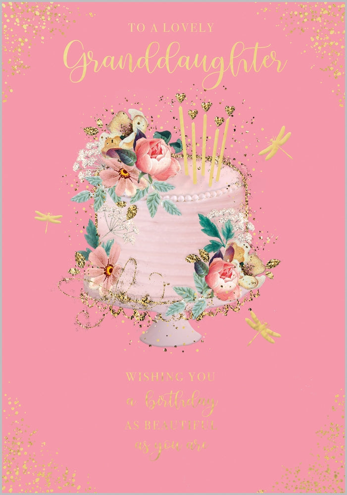 Front of Granddaughter Floral Cake & Candles Card