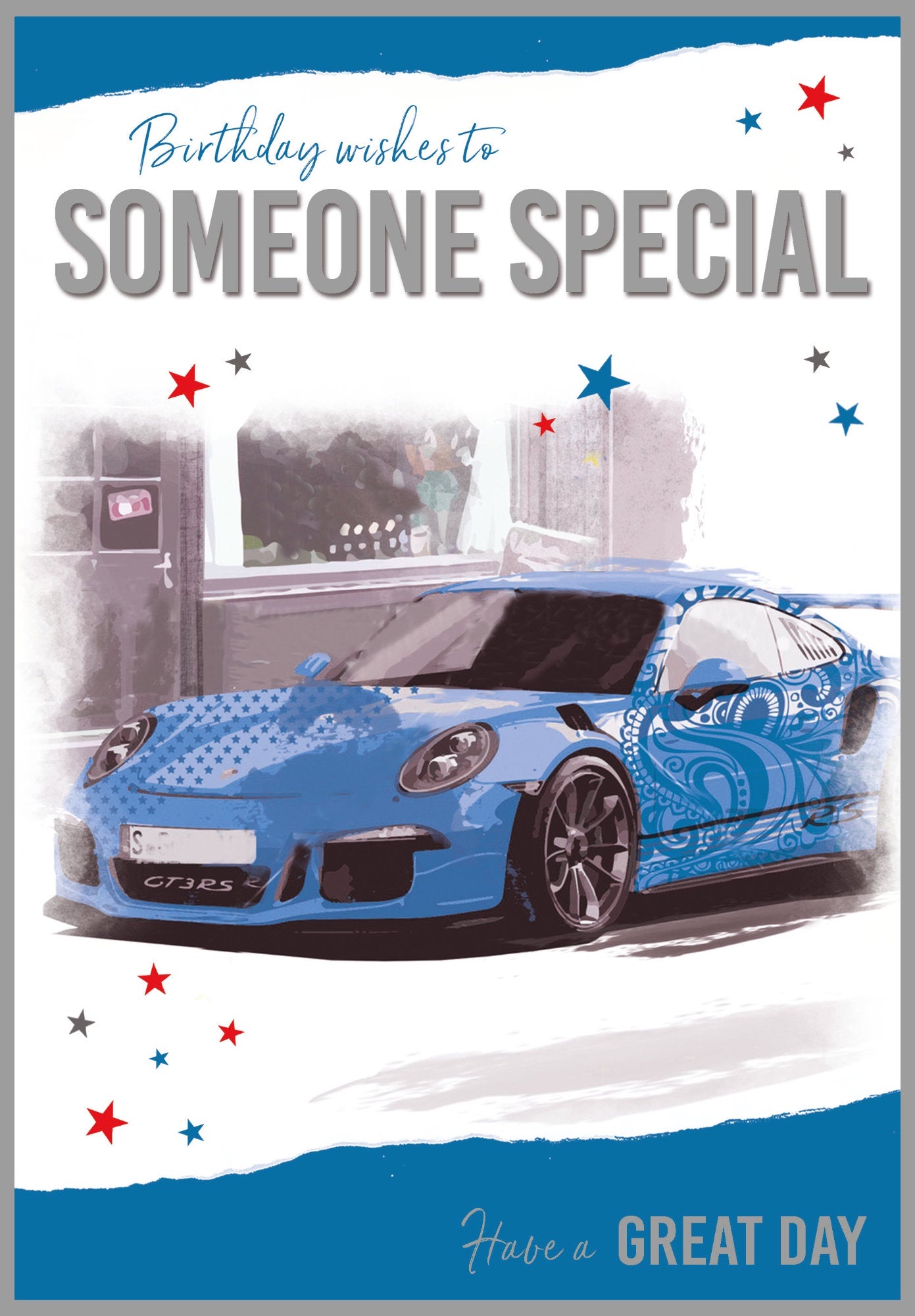 Front of Someone Special Blue Sports Car Card