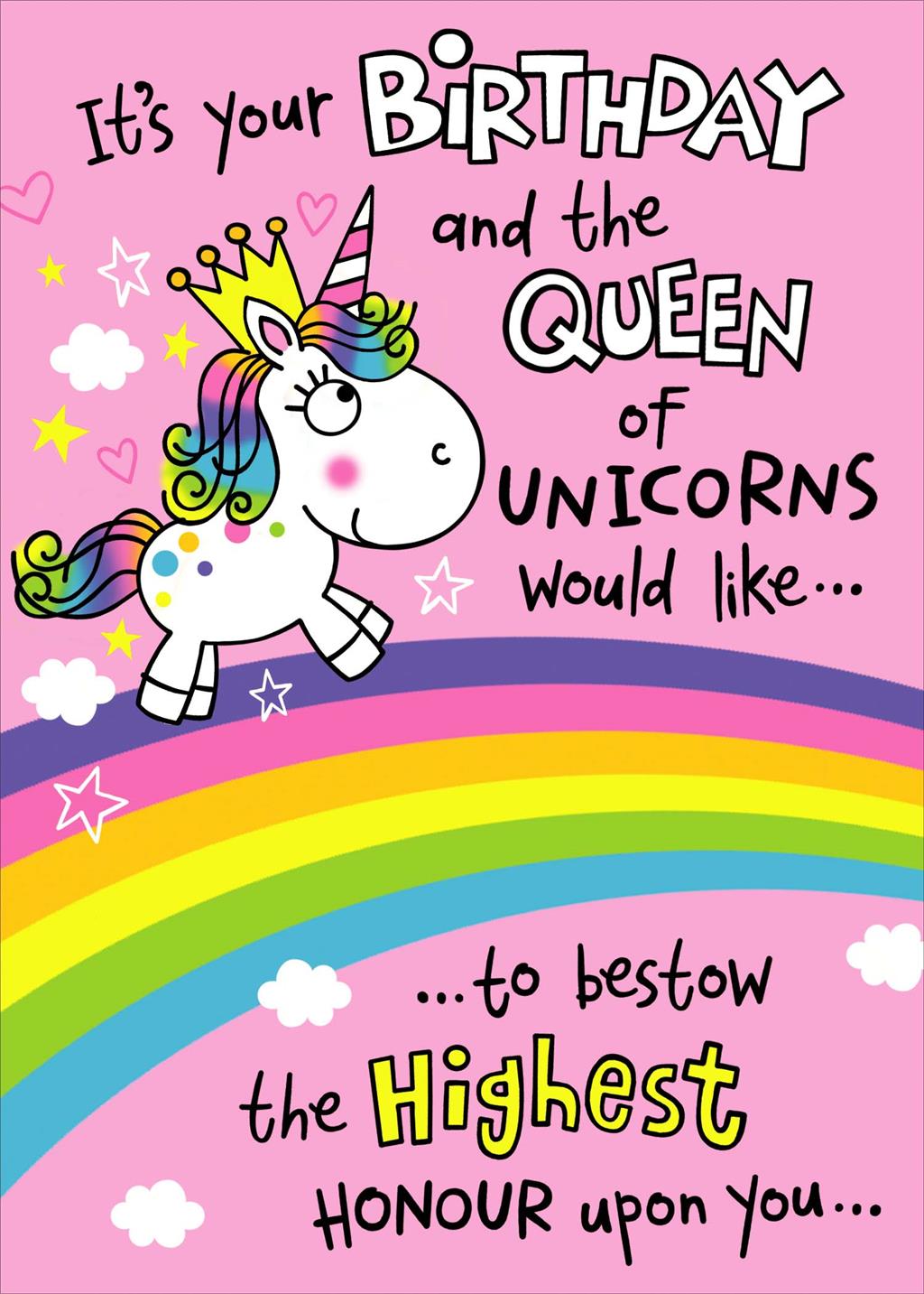 Front of Birthday Queen of Unicorns Greetings Card
