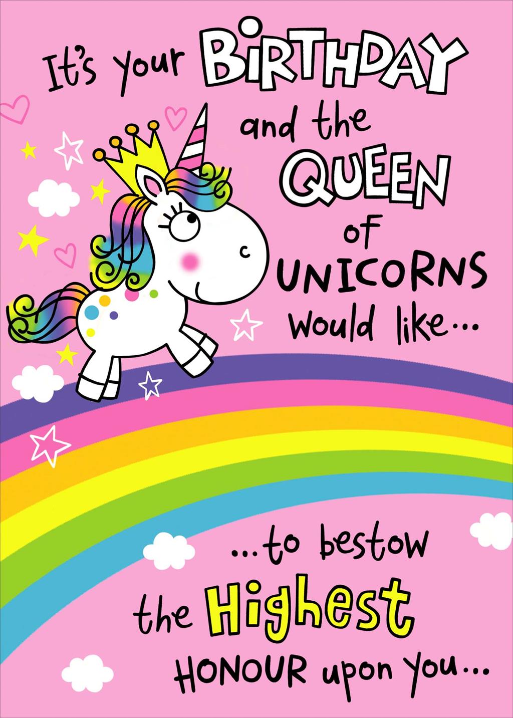 Front of Birthday Queen of Unicorns Greetings Card
