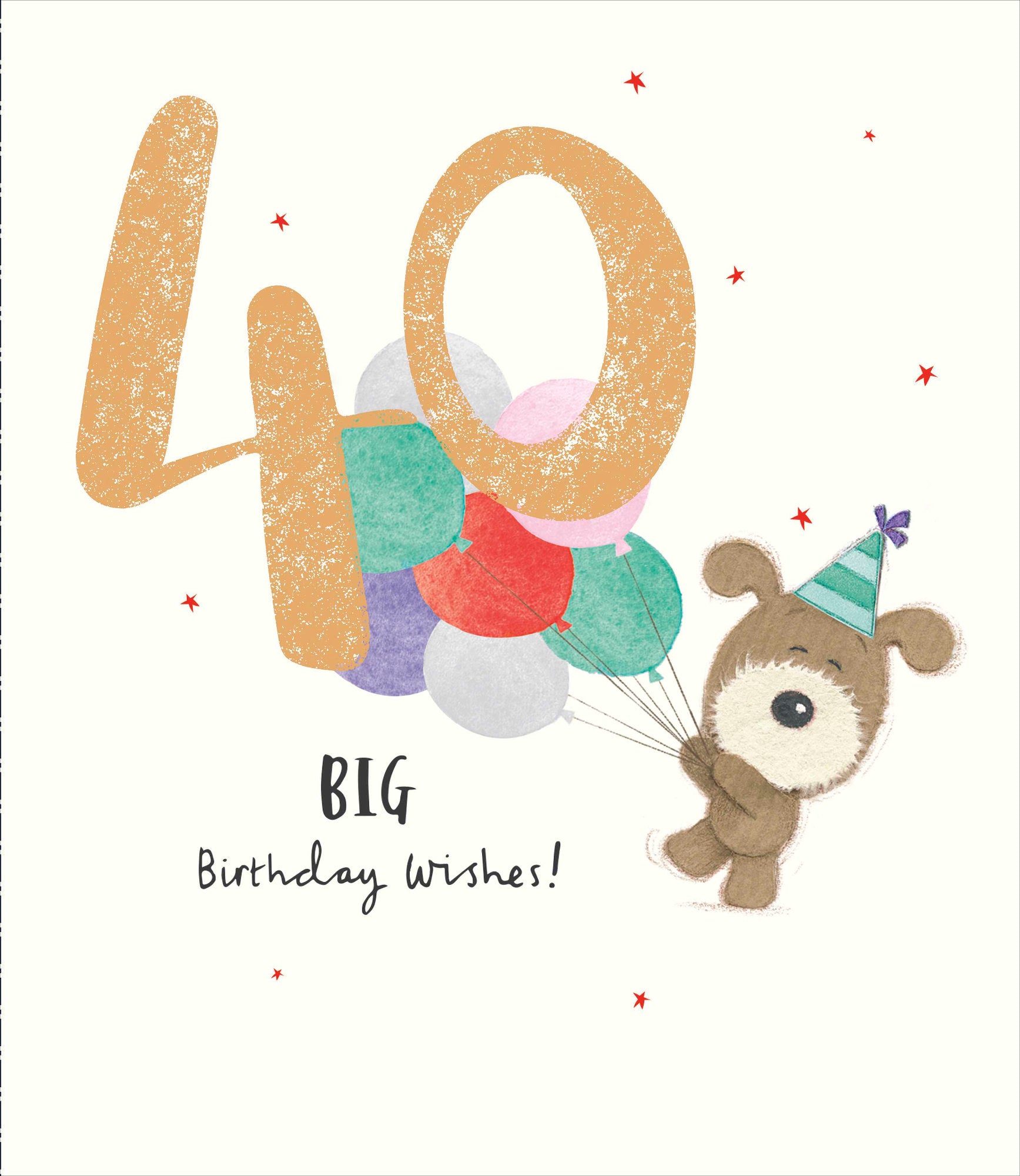Front of 40 Big Birthday Woof with Balloons Card