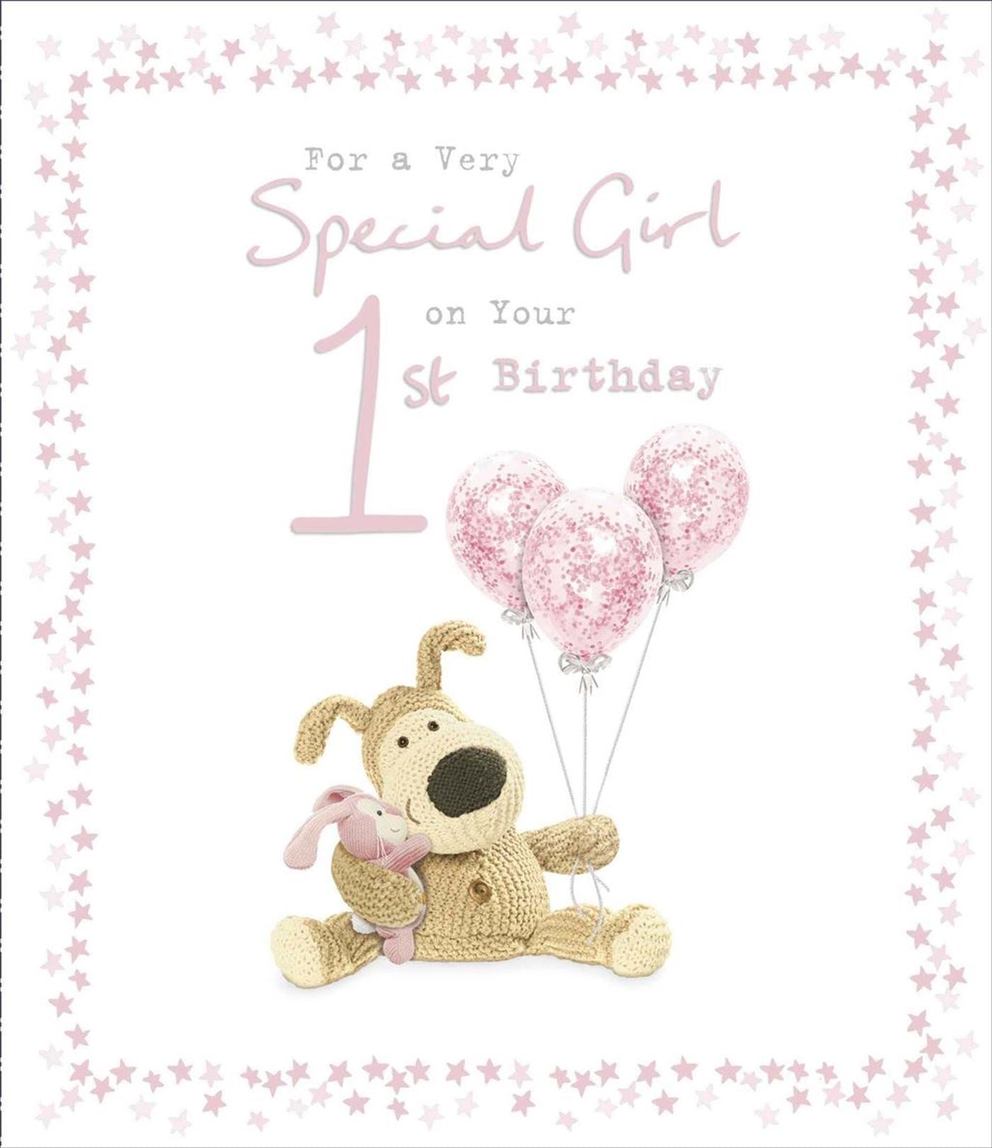 Front of Special Girl 1st Birthday Boofle Balloons Greetings Card