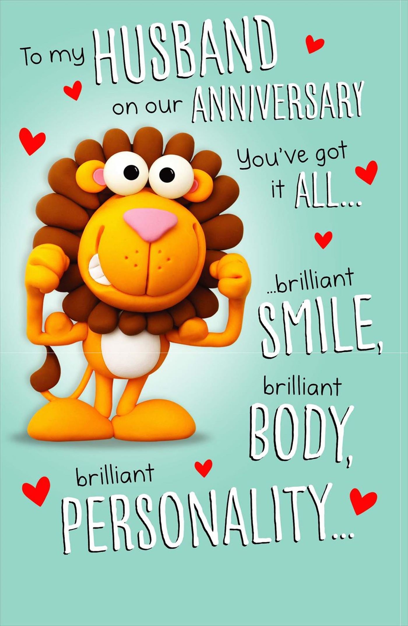 Front of Anniversary Husband Lion Smile Greetings Card