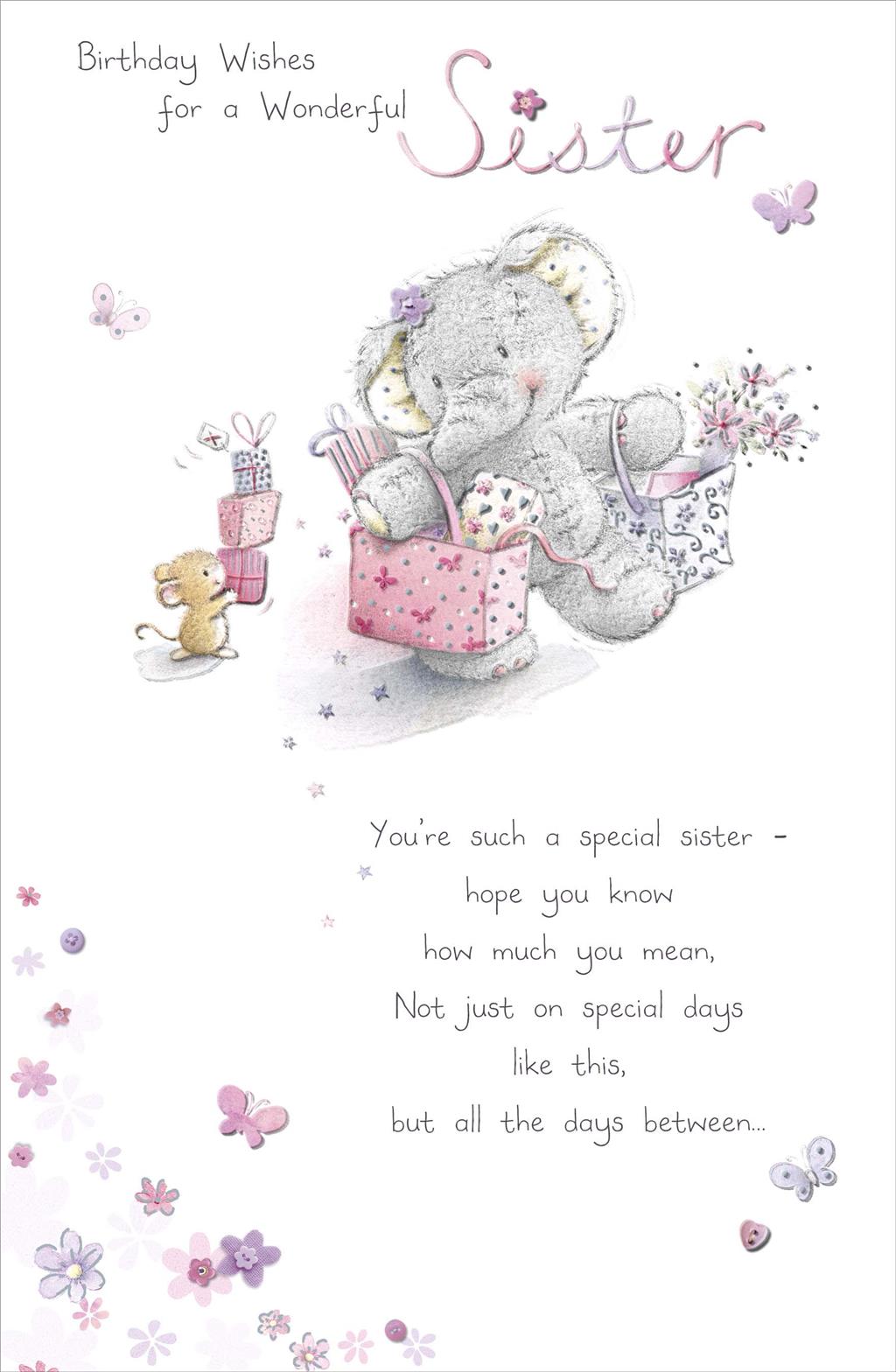 Front of Birthday Wishes Wonderful Sister Cute Greetings Card