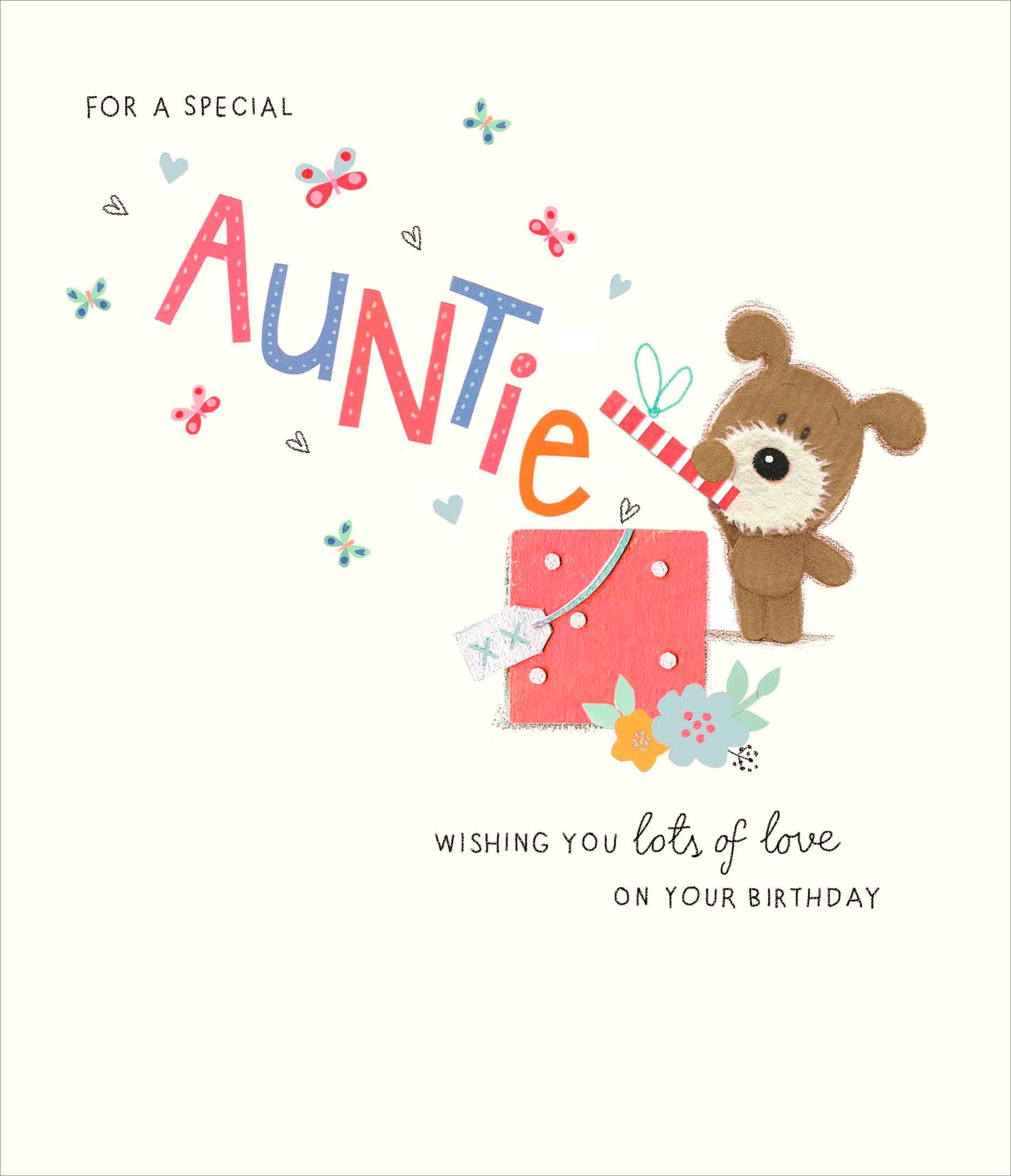 Front of Birthday Special Auntie Dog Present Greetings Card