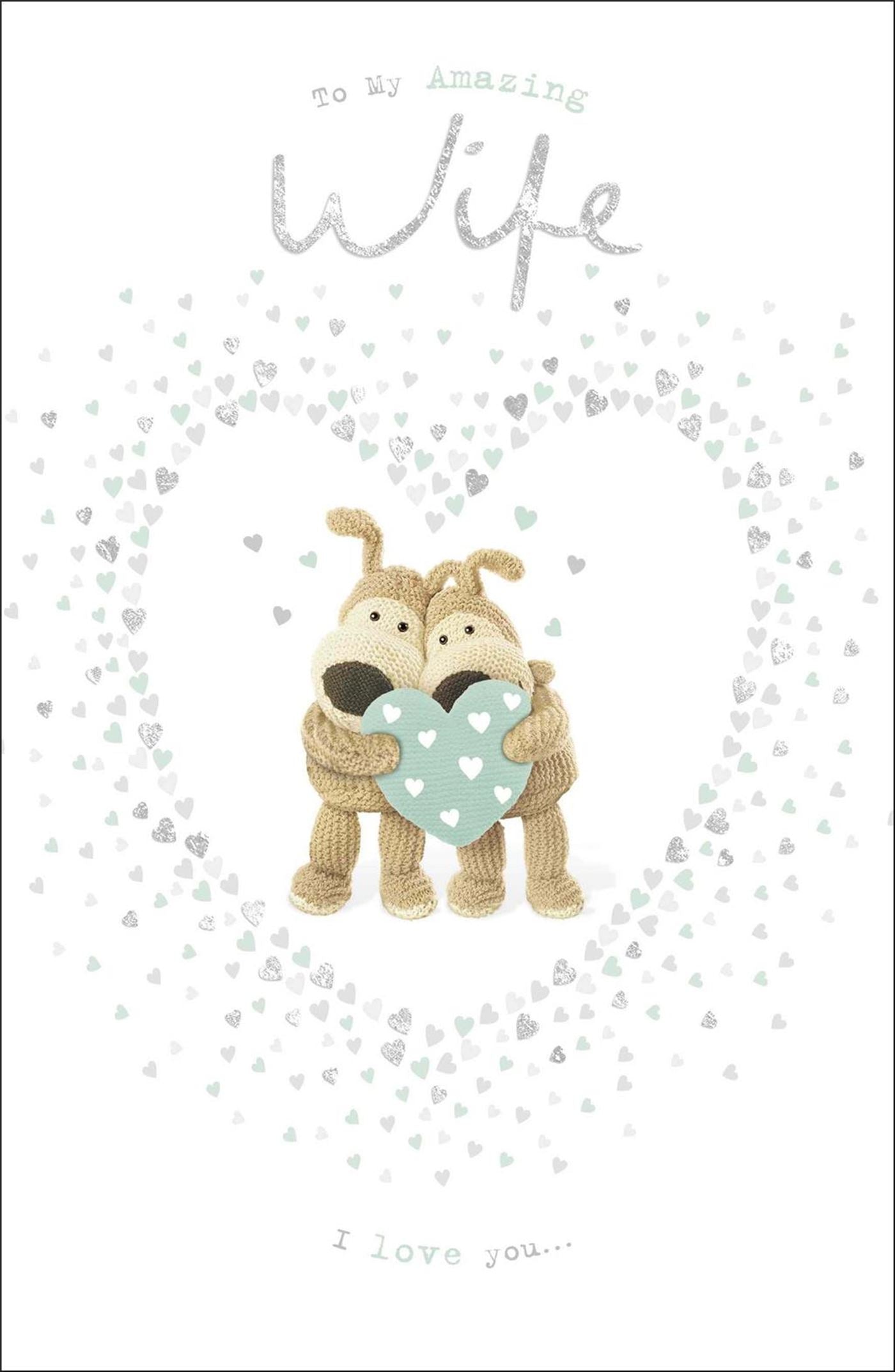Front of Anniversary Wife Boofle's Hugging Heart Greetings Card
