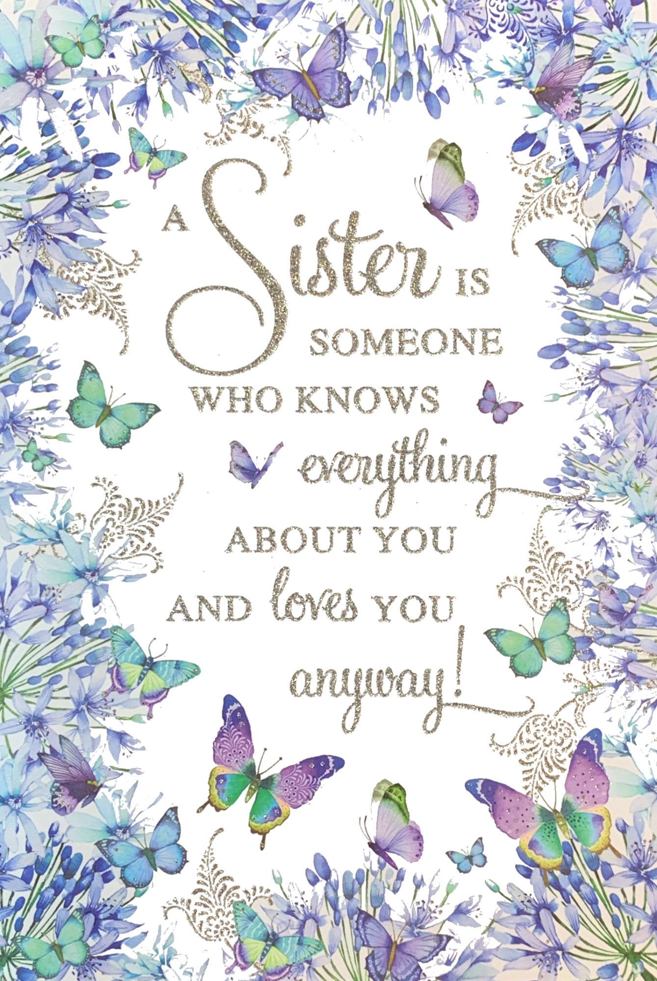 Front of Sister Blue Flowers Butterflies Card