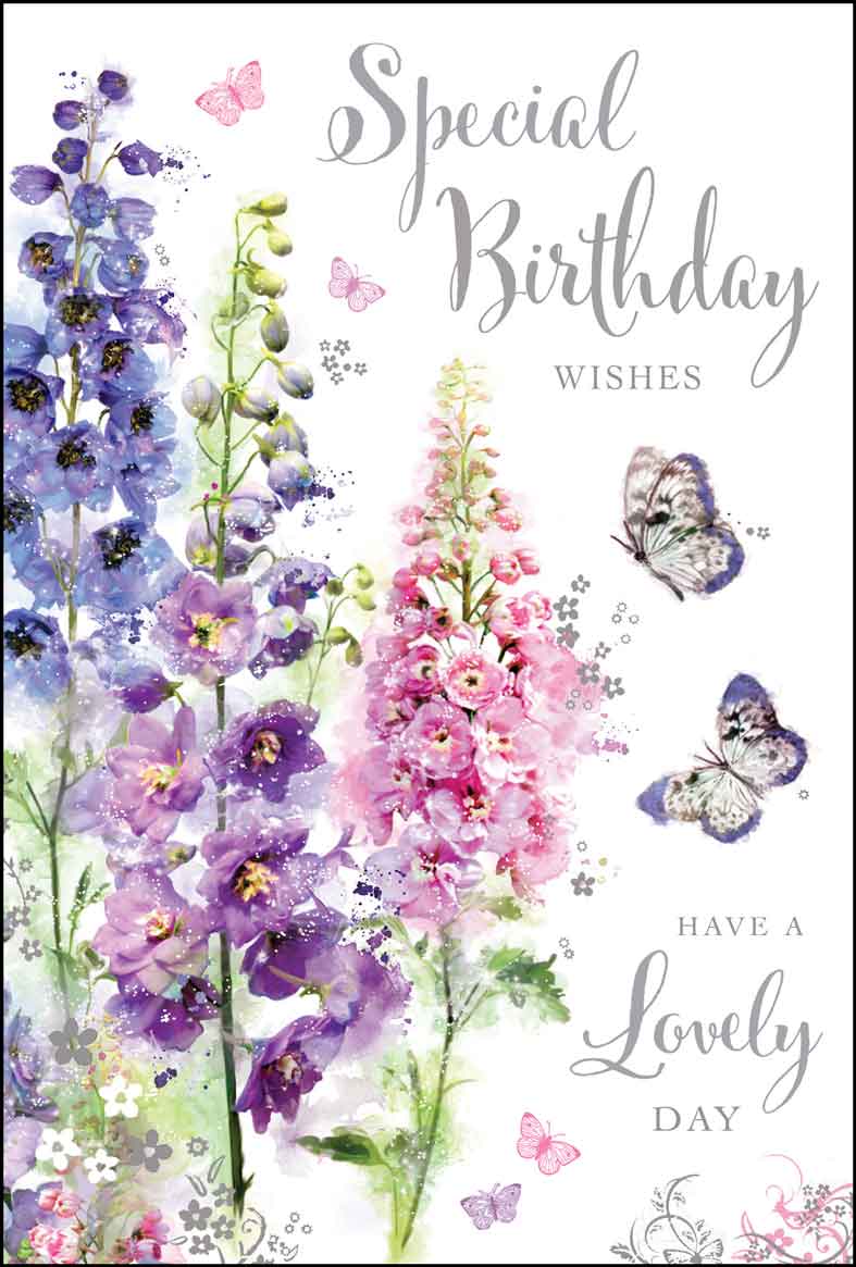 Front of Birthday Wishes Delphinium Greetings Card
