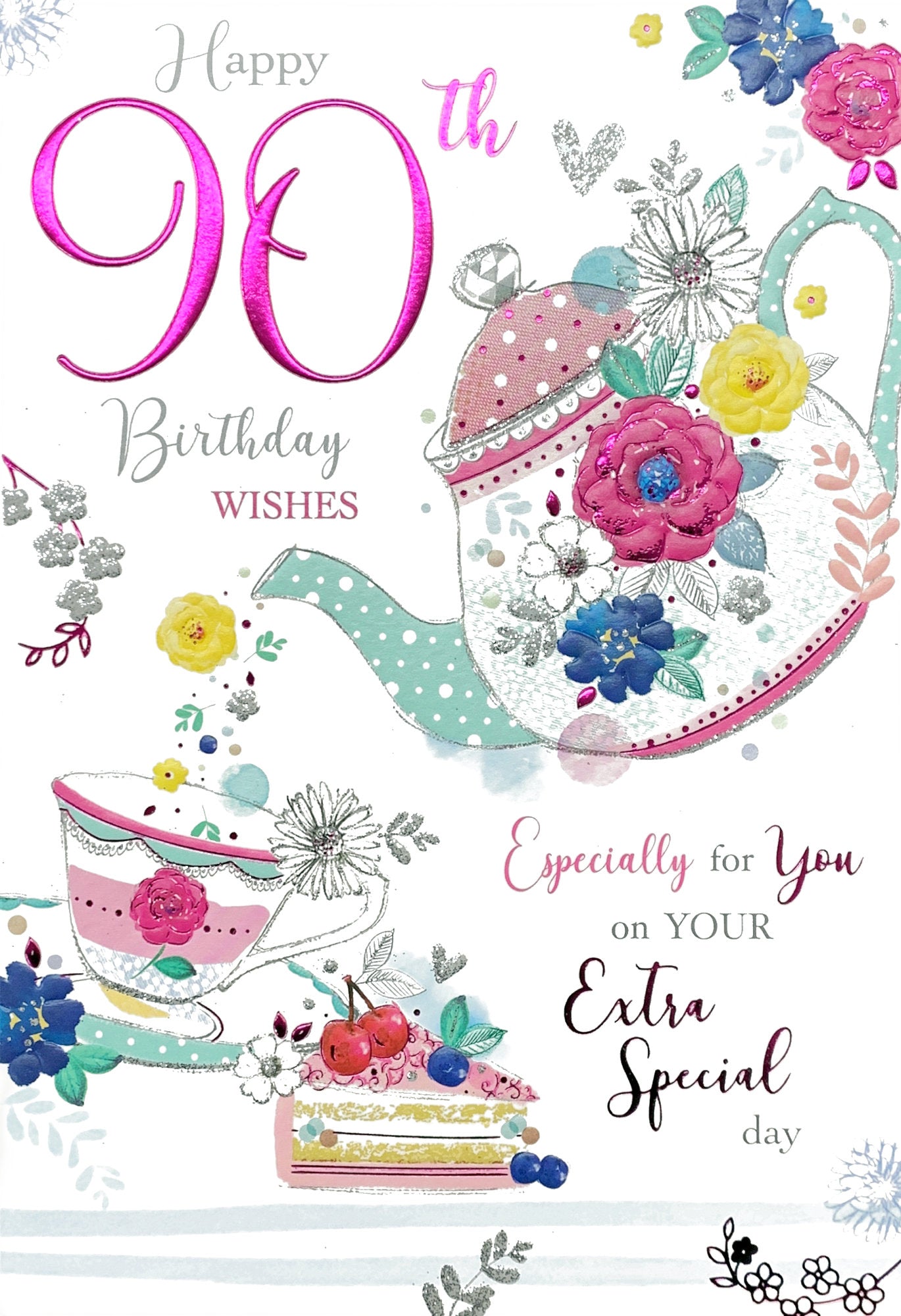 Front of 90th Birthday Teapot Greetings Card