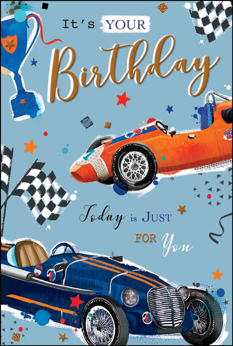 Front of Open Male Birthday Racing Cars Greetings Card
