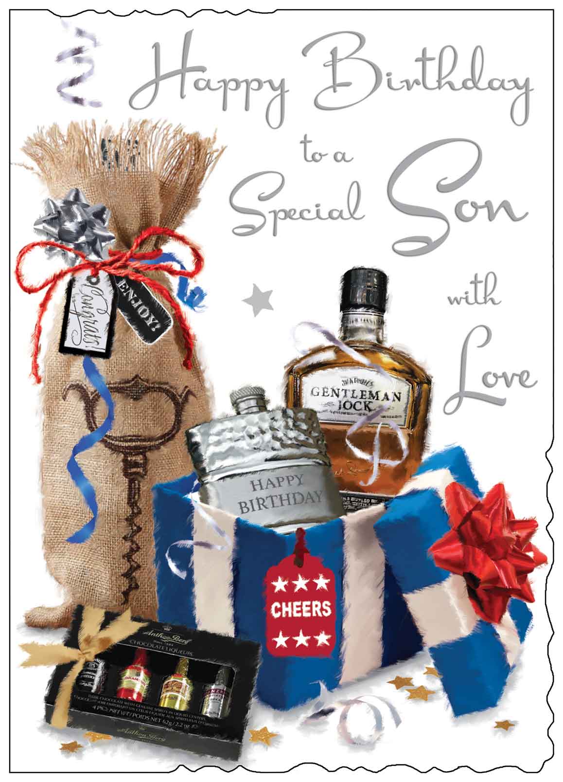 Front of Front of Son Birthday Hip Flask Greetings Card