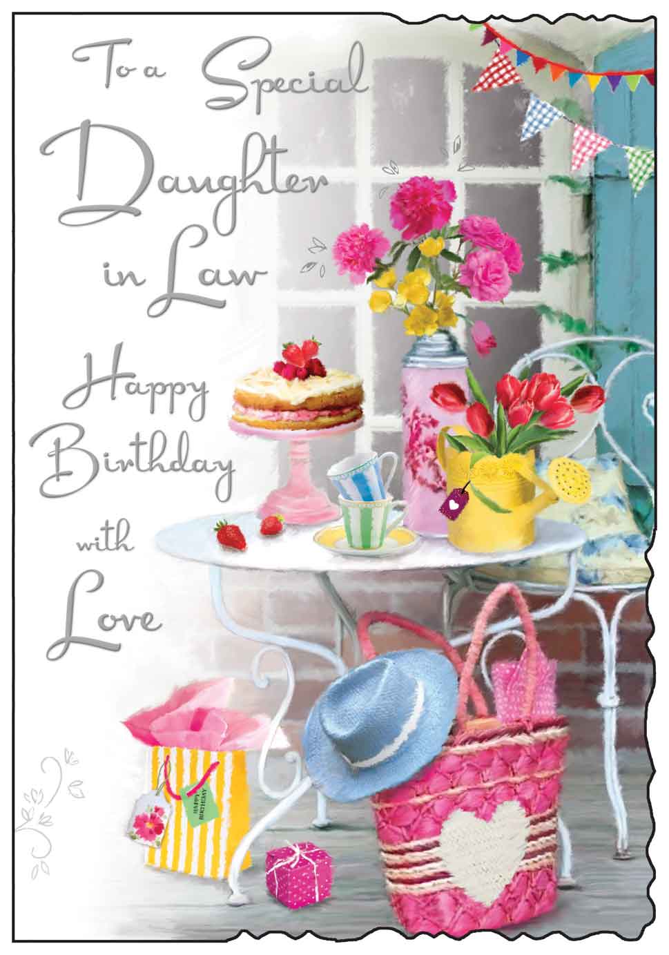 Front of Front of Daughter in Law Tea Party Birthday Greetings Card