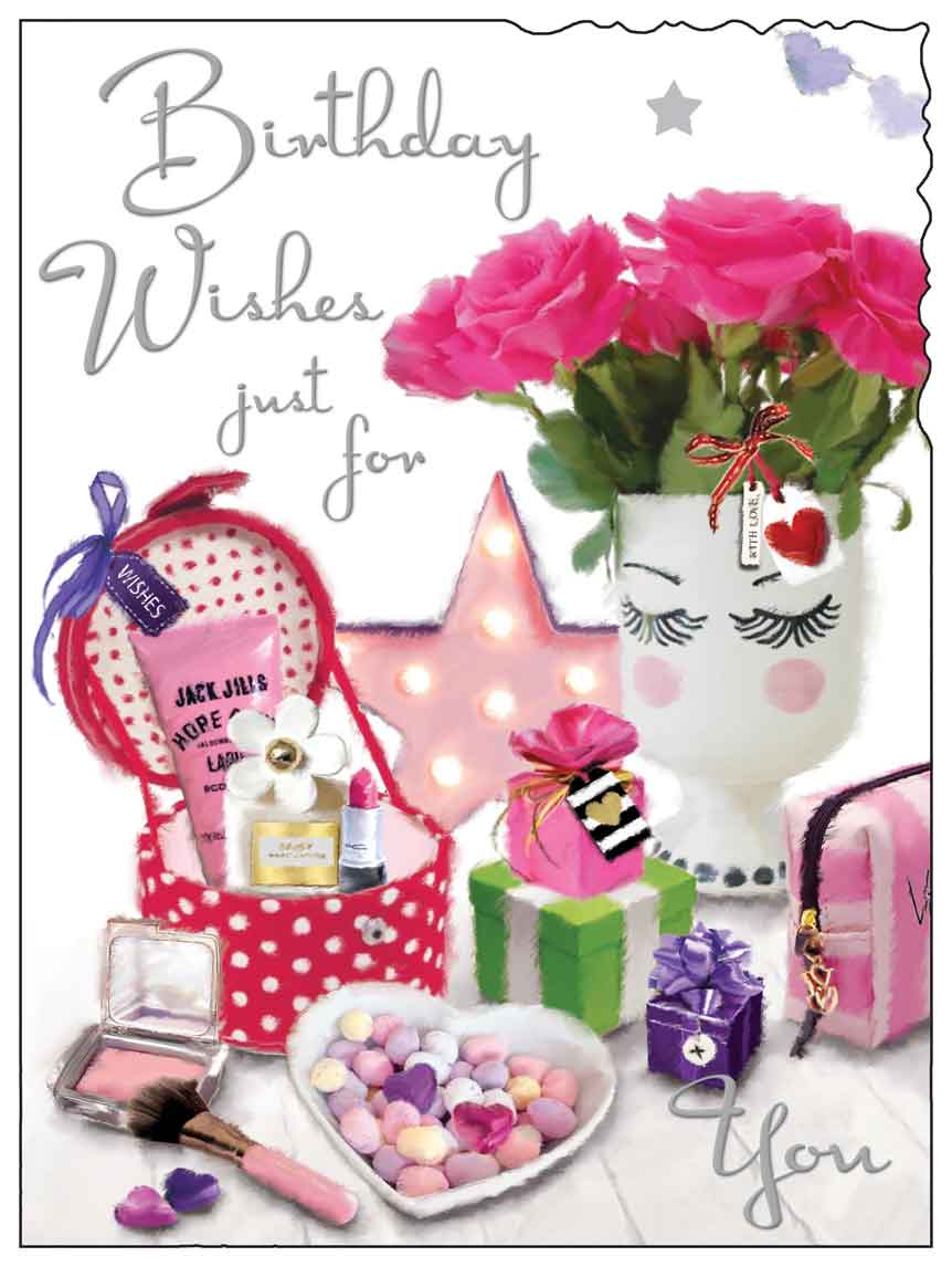 Front of Birthday Wishes Presents & Flowers Greetings Card