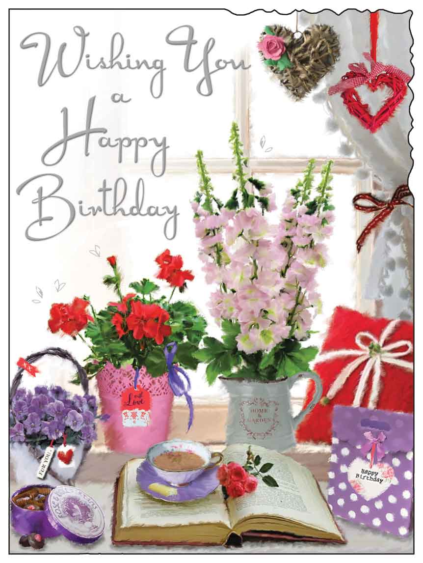Front of Happy Birthday Window Flowers Greetings Card