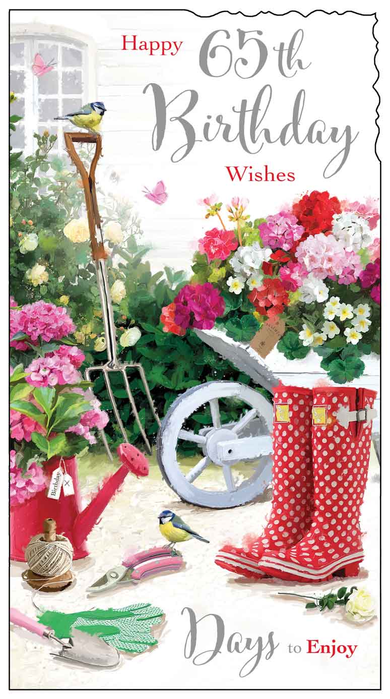 Front of 65th Birthday Gardening Tools Greetings Card