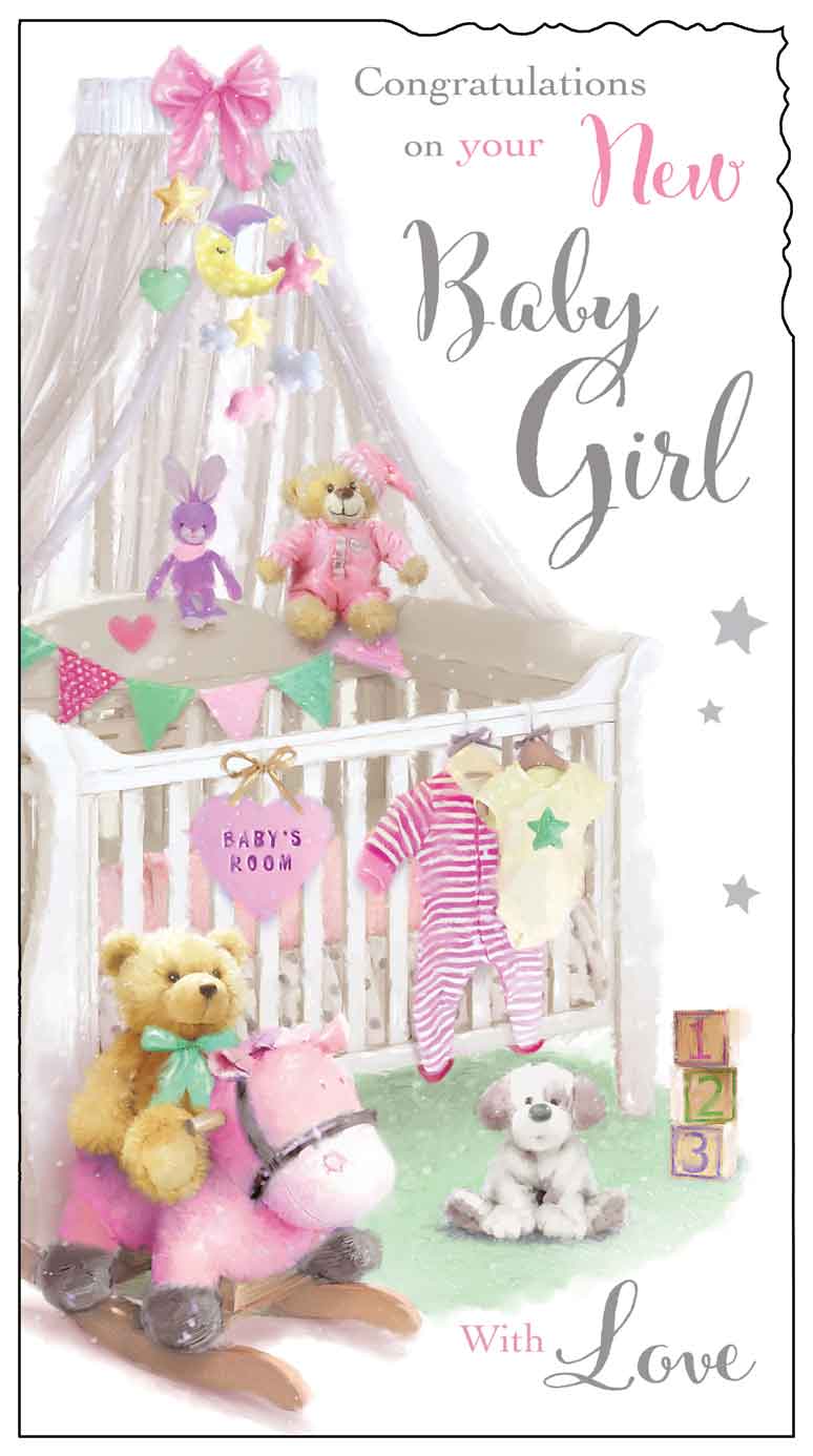 Front of New Baby Girl Cot Greetings Card