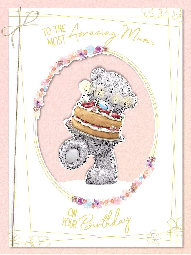Photograph of Mum Birthday Bear Carrying Cake Greetings Card at Nicole's Shop