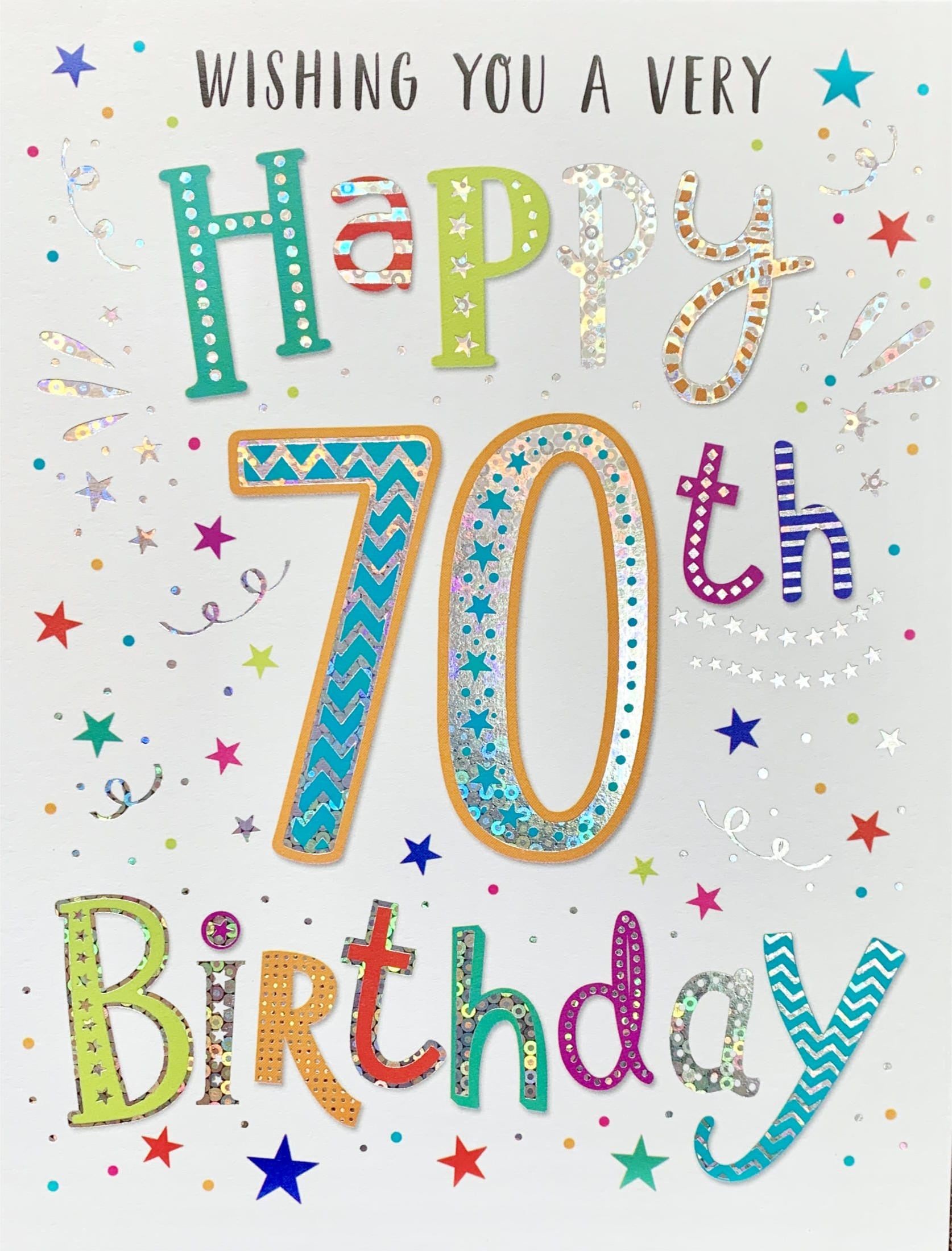 Front of Dazzle Happy 70th Colourful Birthday Card