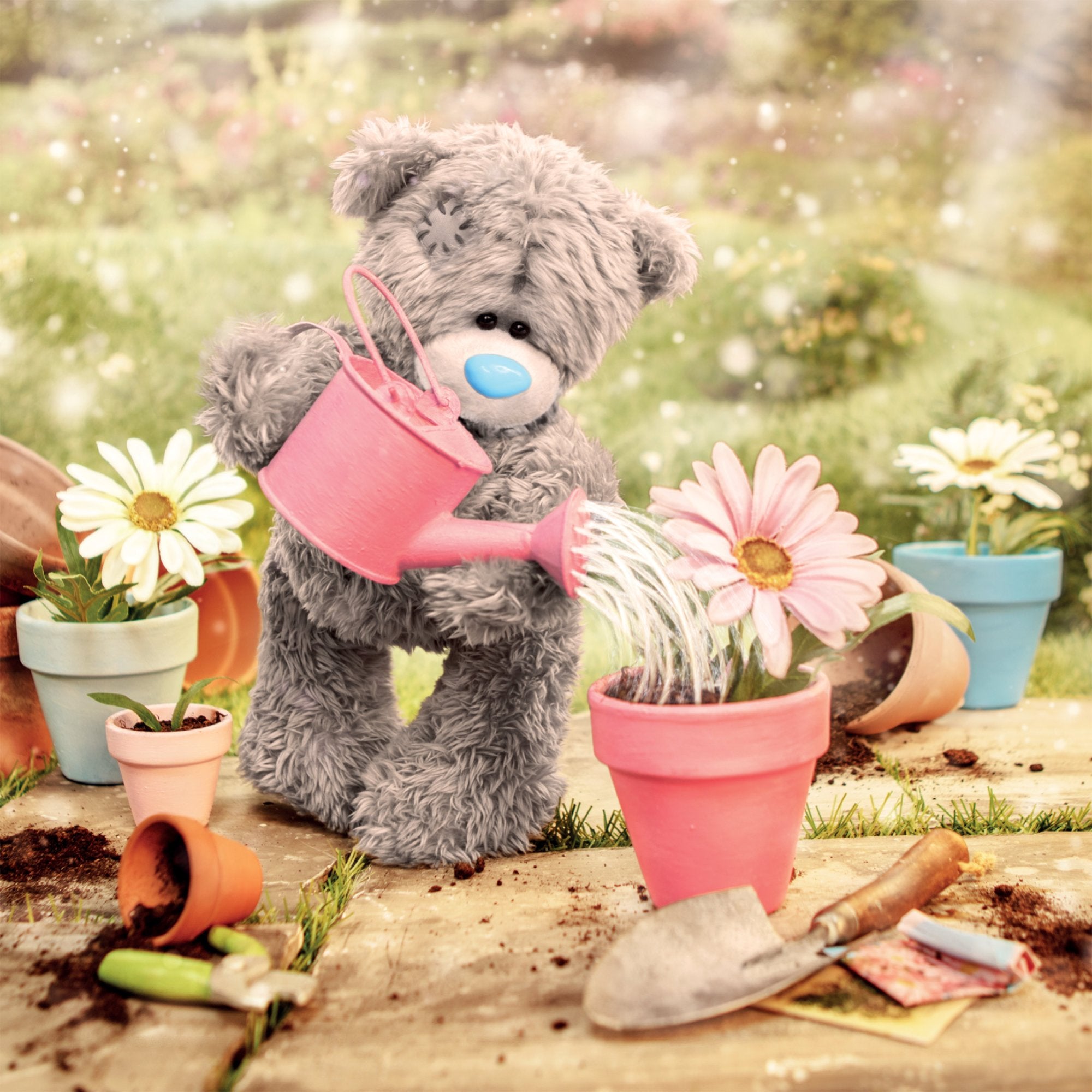 Photograph of Love Bear Watering Flowers Greetings Card at Nicole's Shop