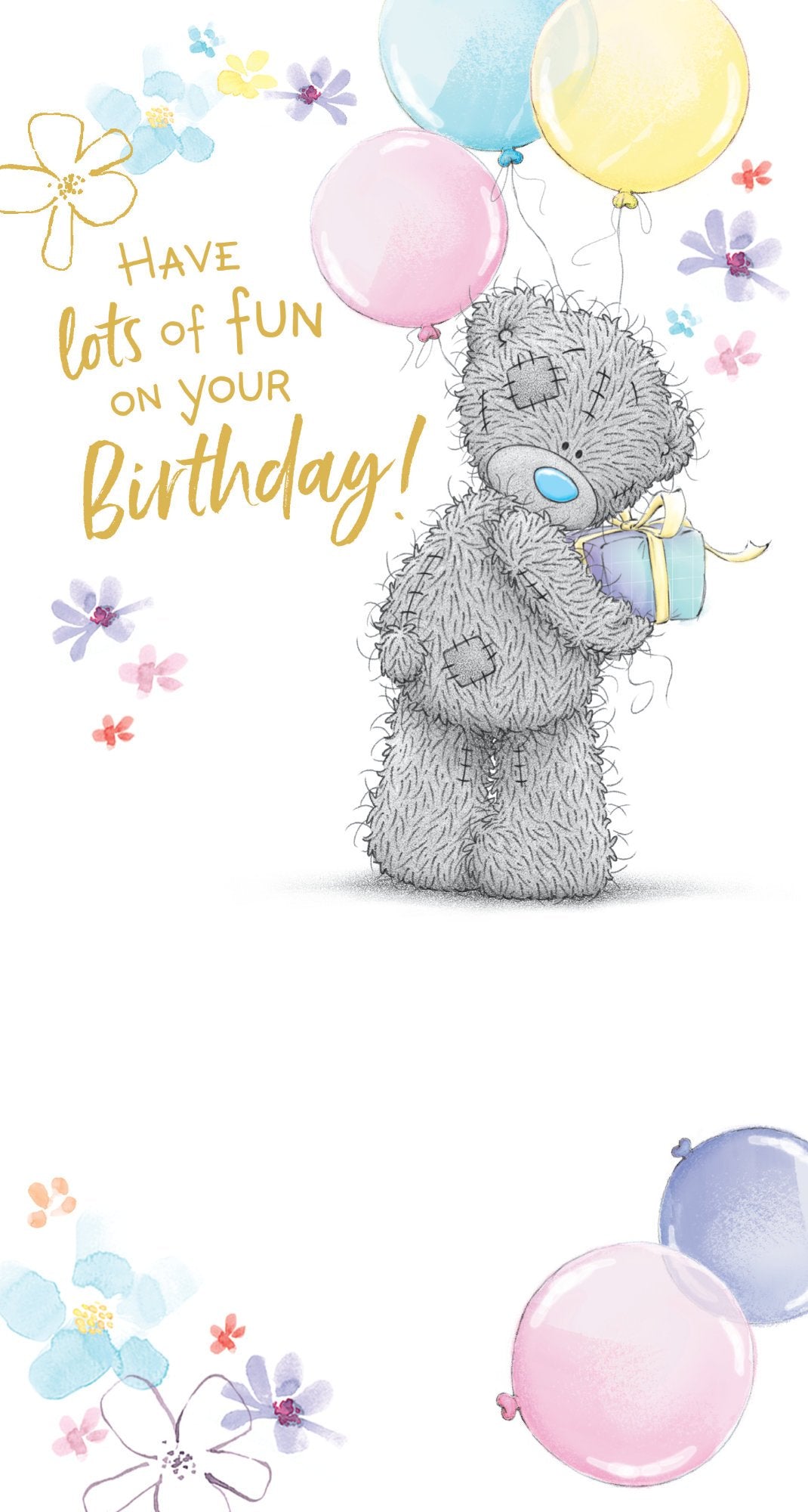 Photograph of Bear With Present And Balloons Greetings Card at Nicole's Shop