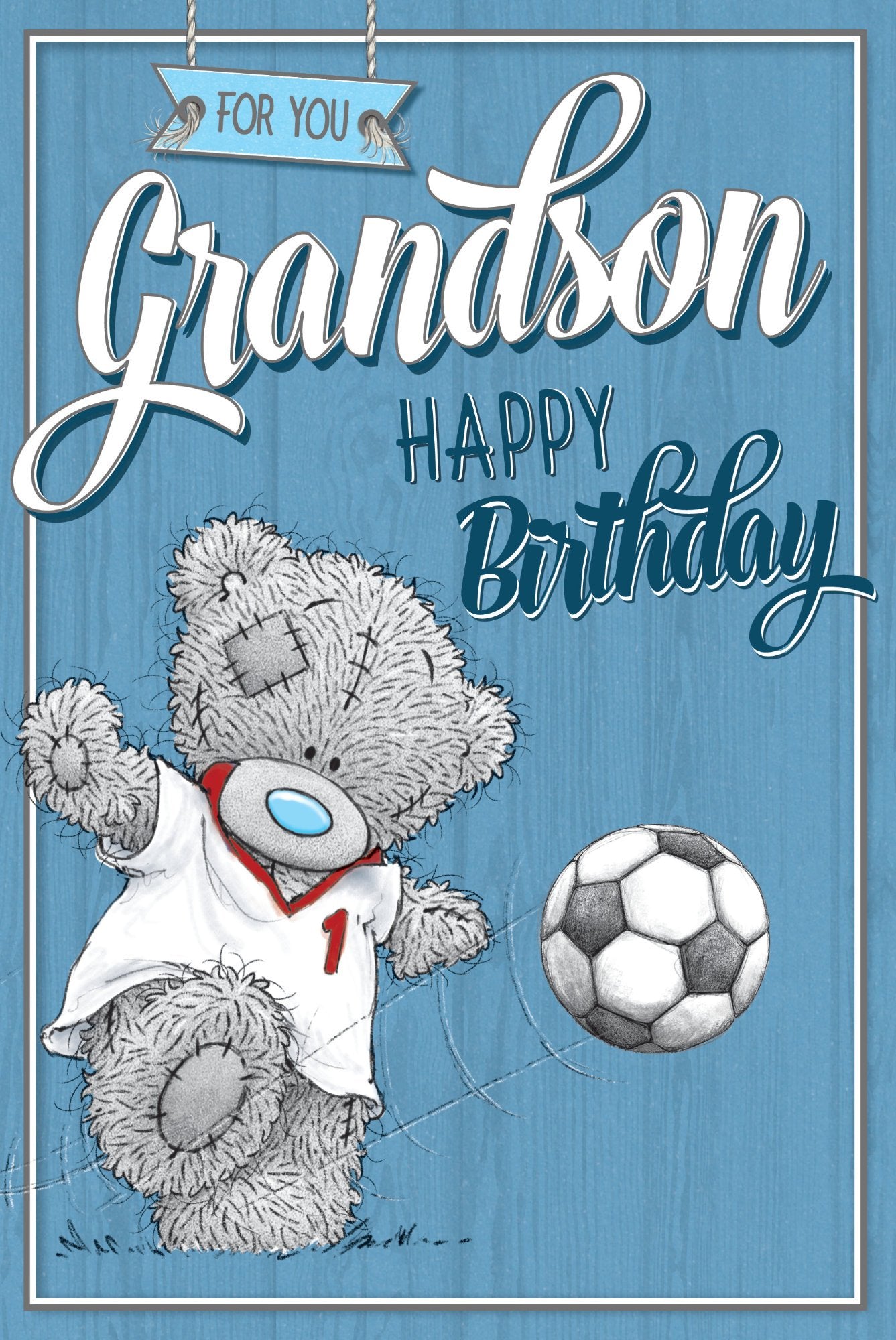 Photograph of Grandson Birthday Teddy Football Greetings Card at Nicole's Shop