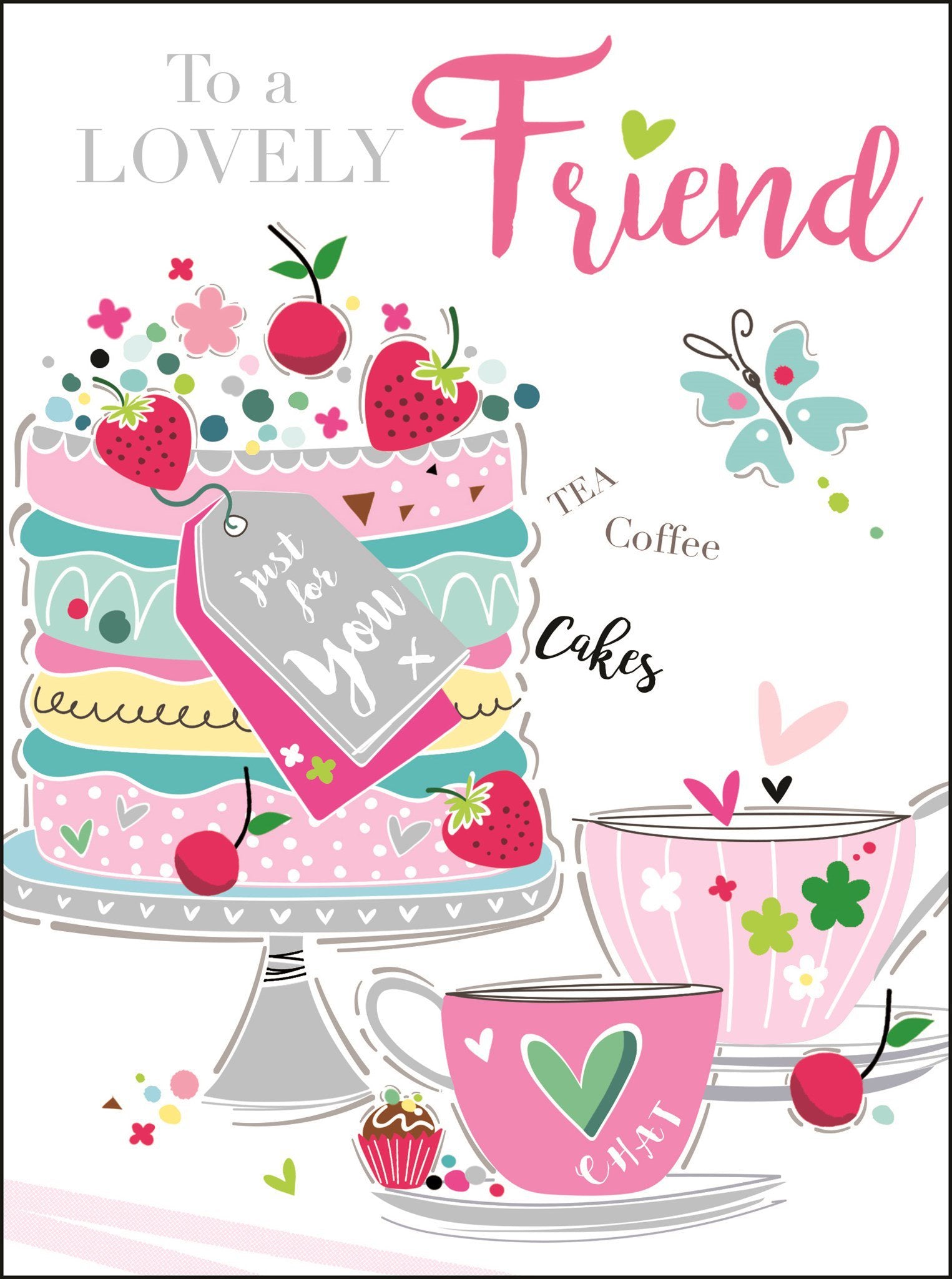 Front of Lovely Friend Birthday Cake Drinks Greetings Card