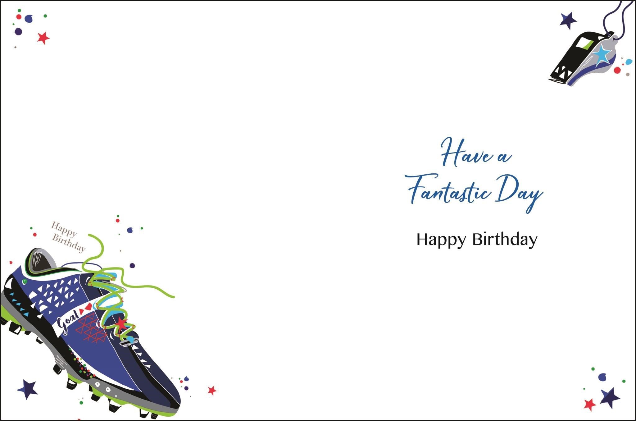 Inside of Open Male Birthday Football Boot Greetings Card