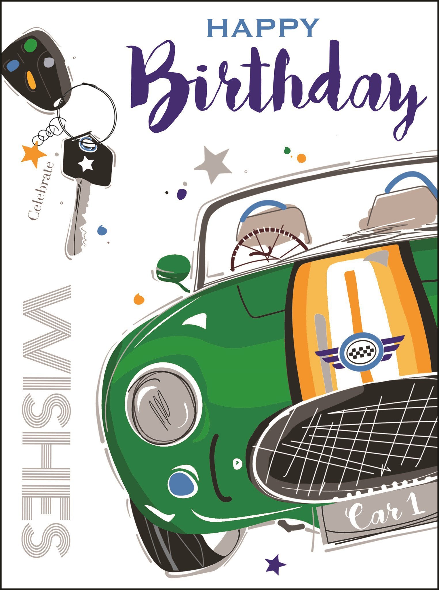 Front of Open Male Birthday Green Car Greetings Card