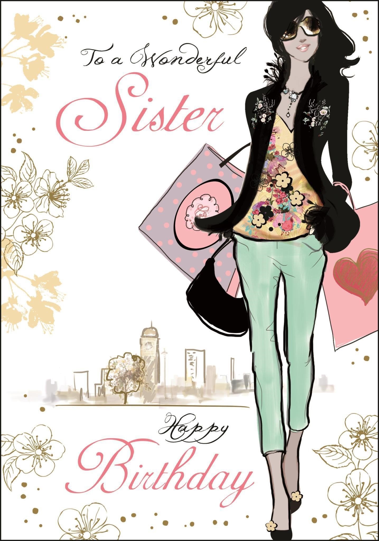 Front of Sister Birthday Shopping Bags Greetings Card
