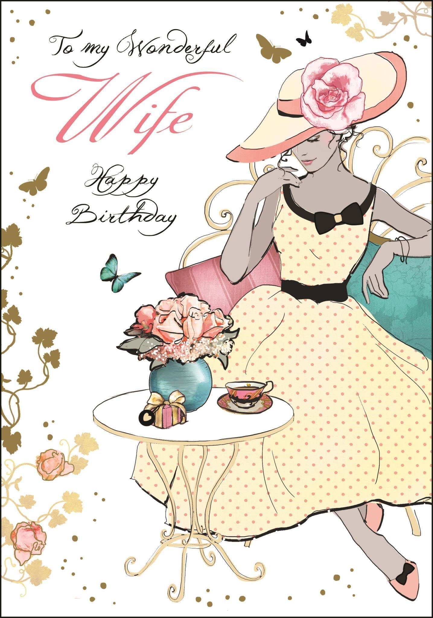 Front of Wife Birthday Dress & Hat Greetings Card