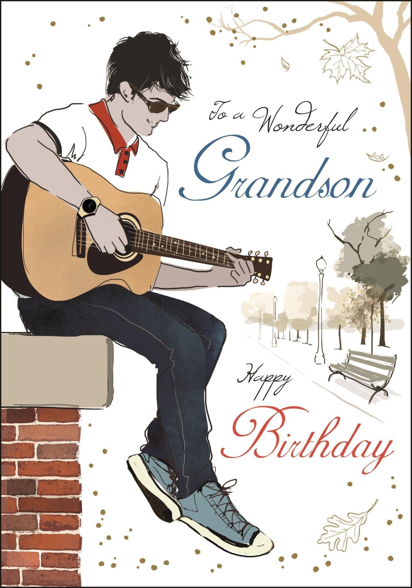 Front of Wonderful Grandson Birthday Guitar Greetings Card