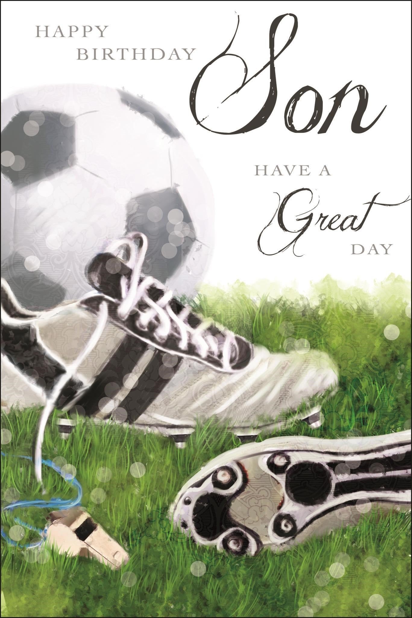 Front of Son Birthday Football Boots Greetings Card