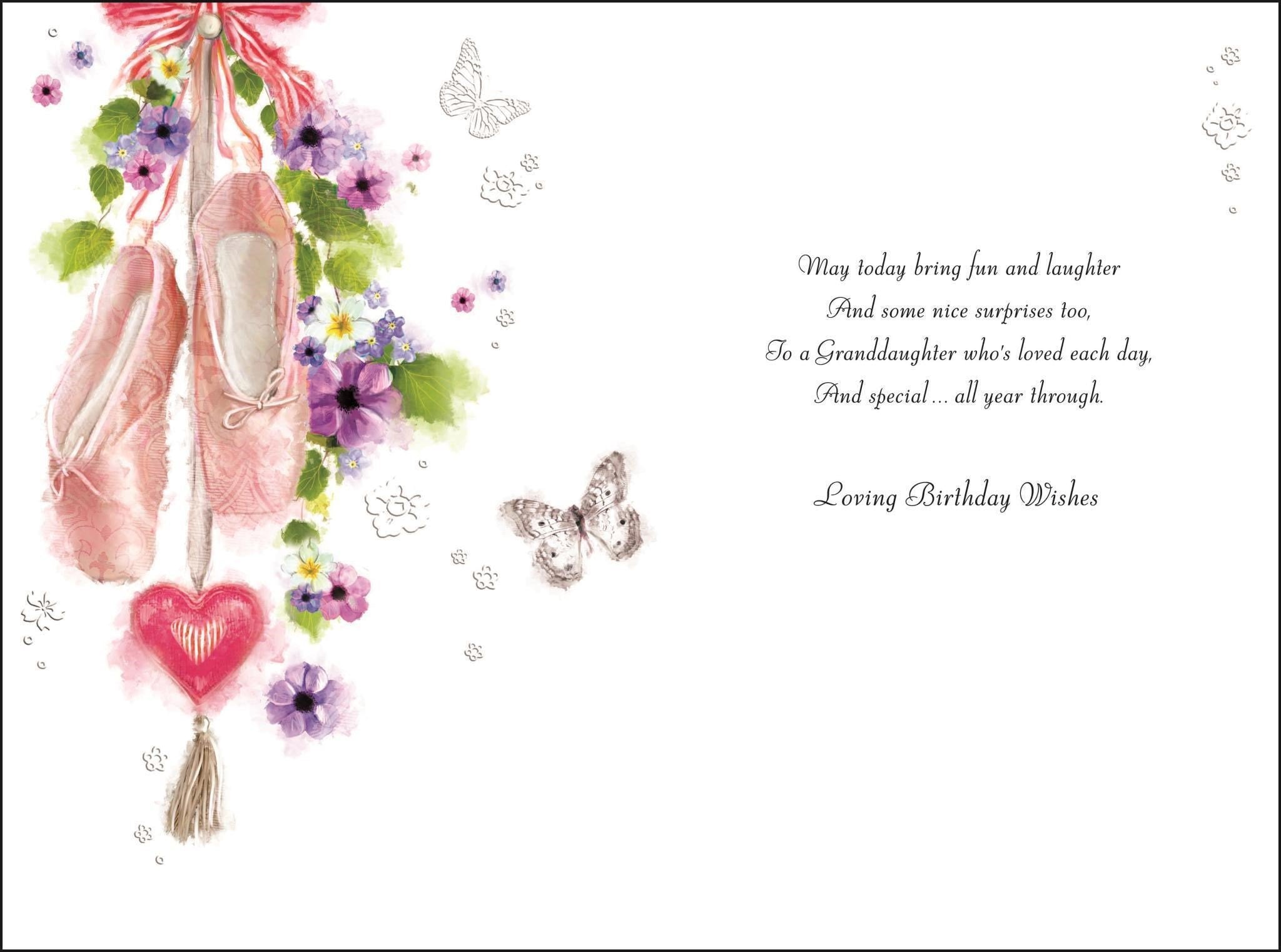 Inside of Granddaughter Birthday Ballet Shoes Greetings Card