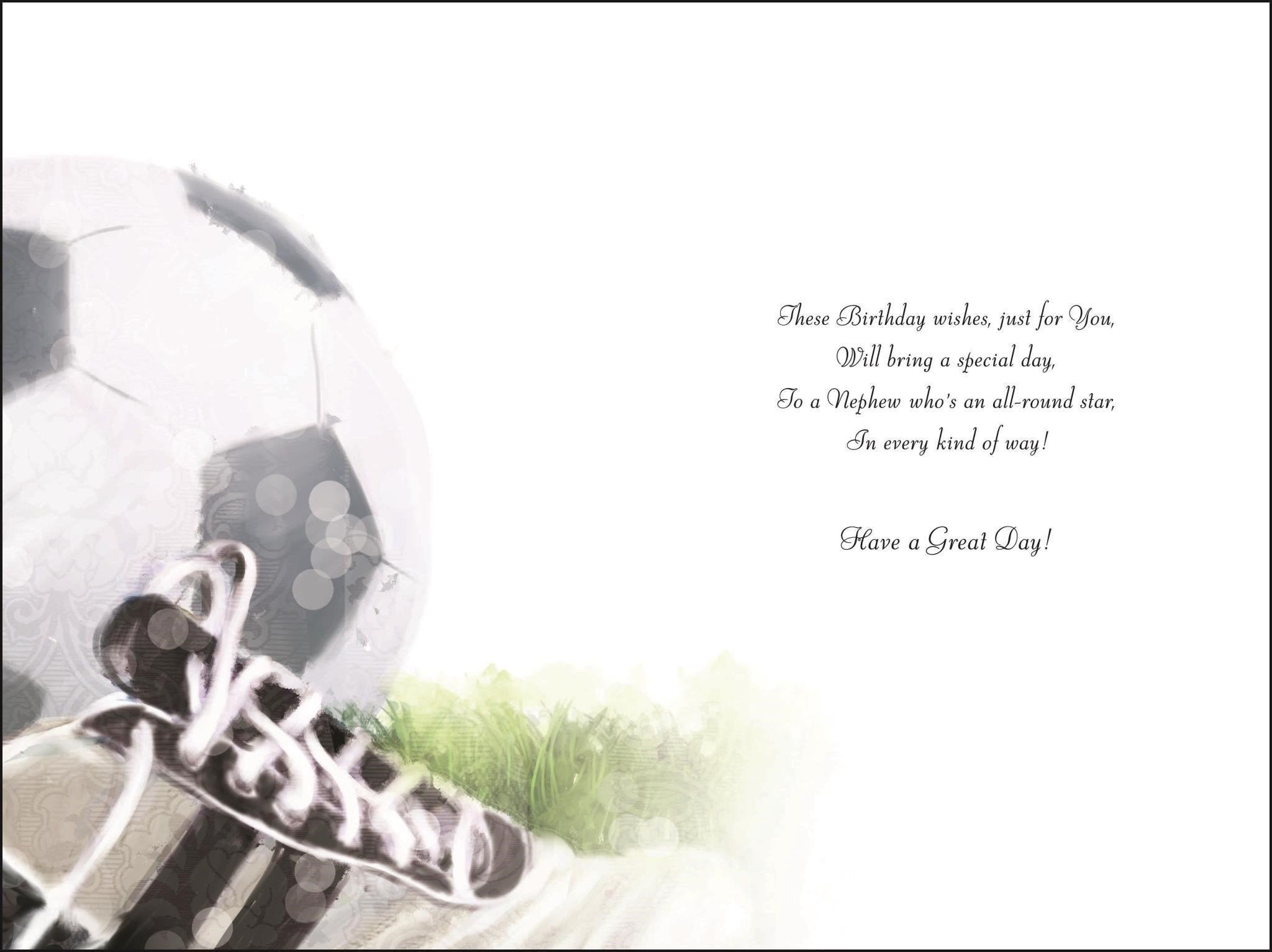 Inside of Nephew Birthday Football Boots Greetings Card