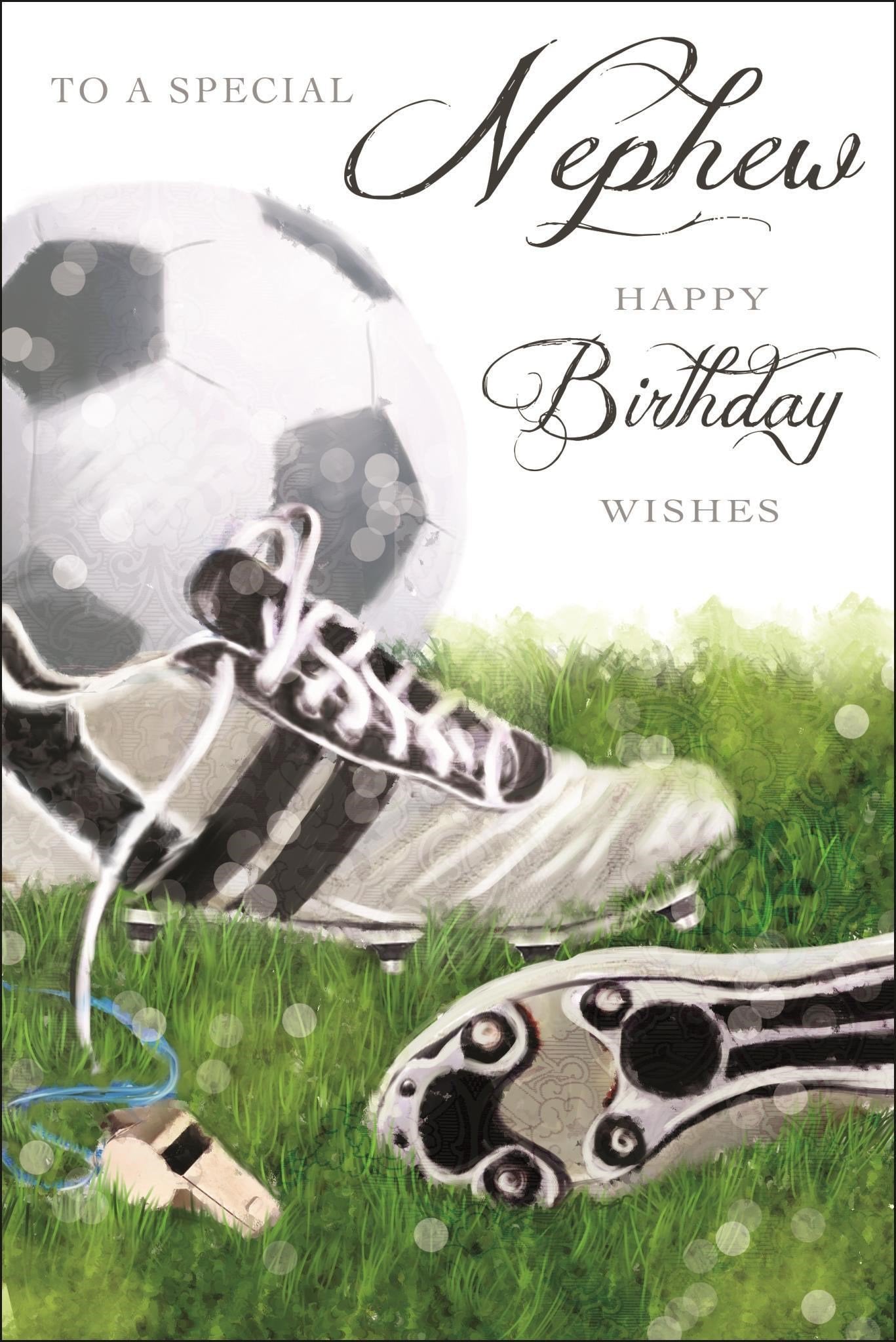 Front of Nephew Birthday Football Boots Greetings Card