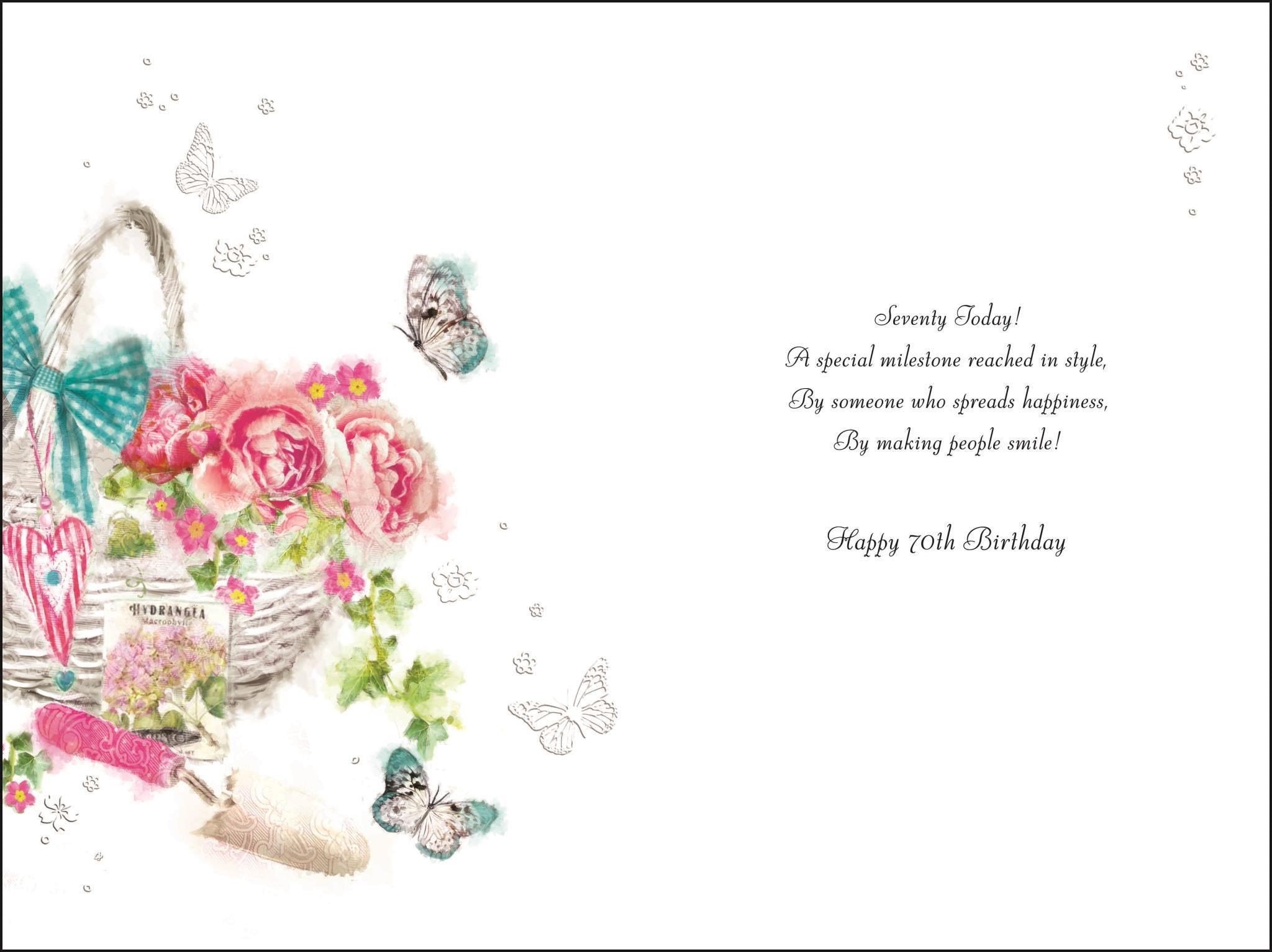 Inside of 70th Birthday Basket Flowers Greetings Card