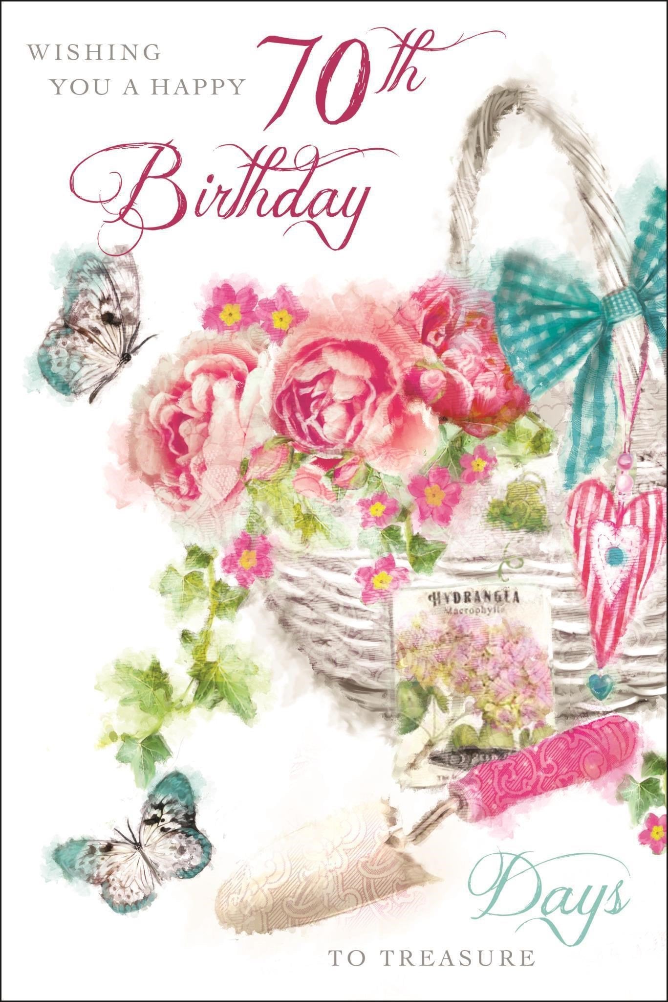 Front of 70th Birthday Basket Flowers Greetings Card