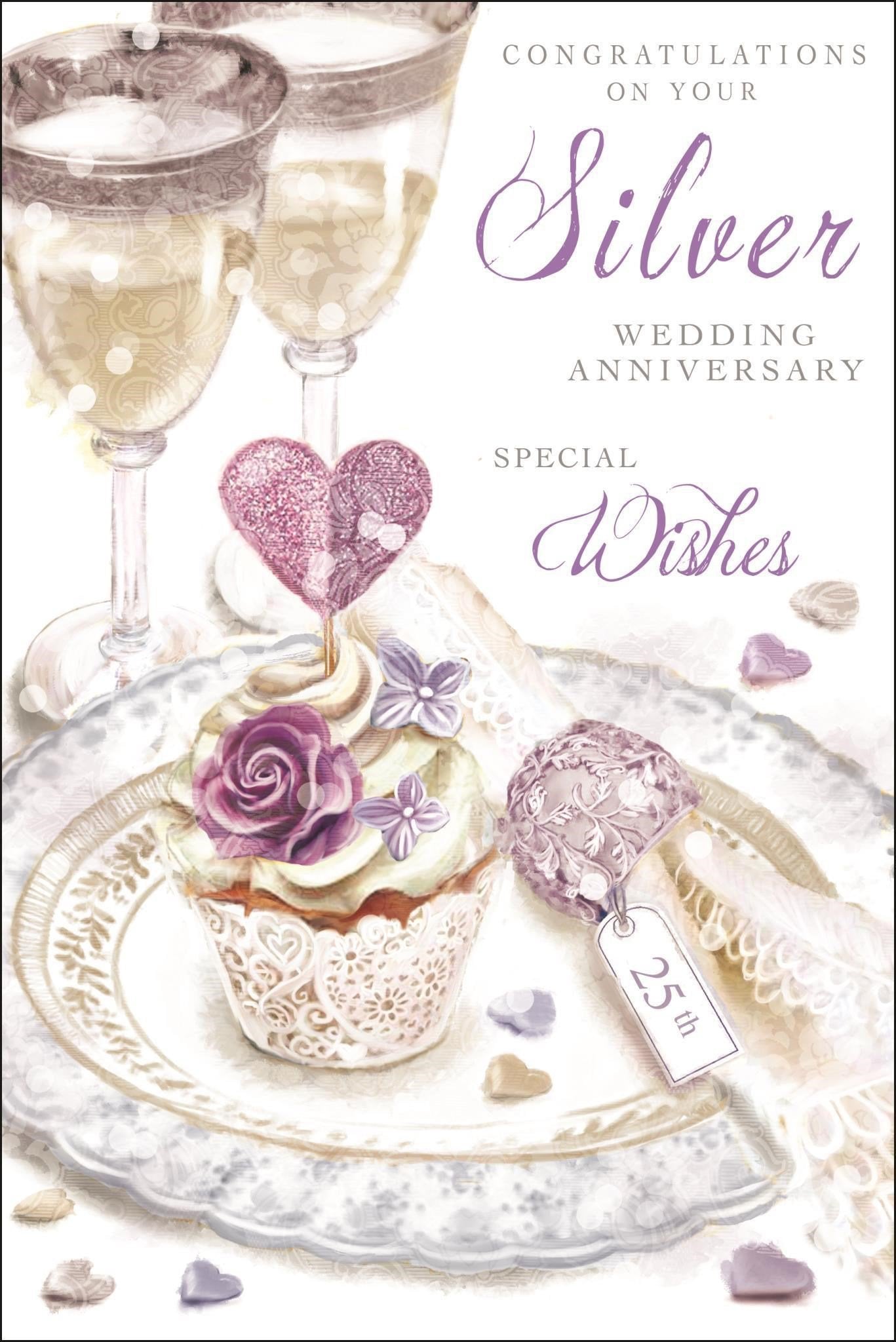 Front of Silver Wedding Anniversary Cupcake Greetings Card