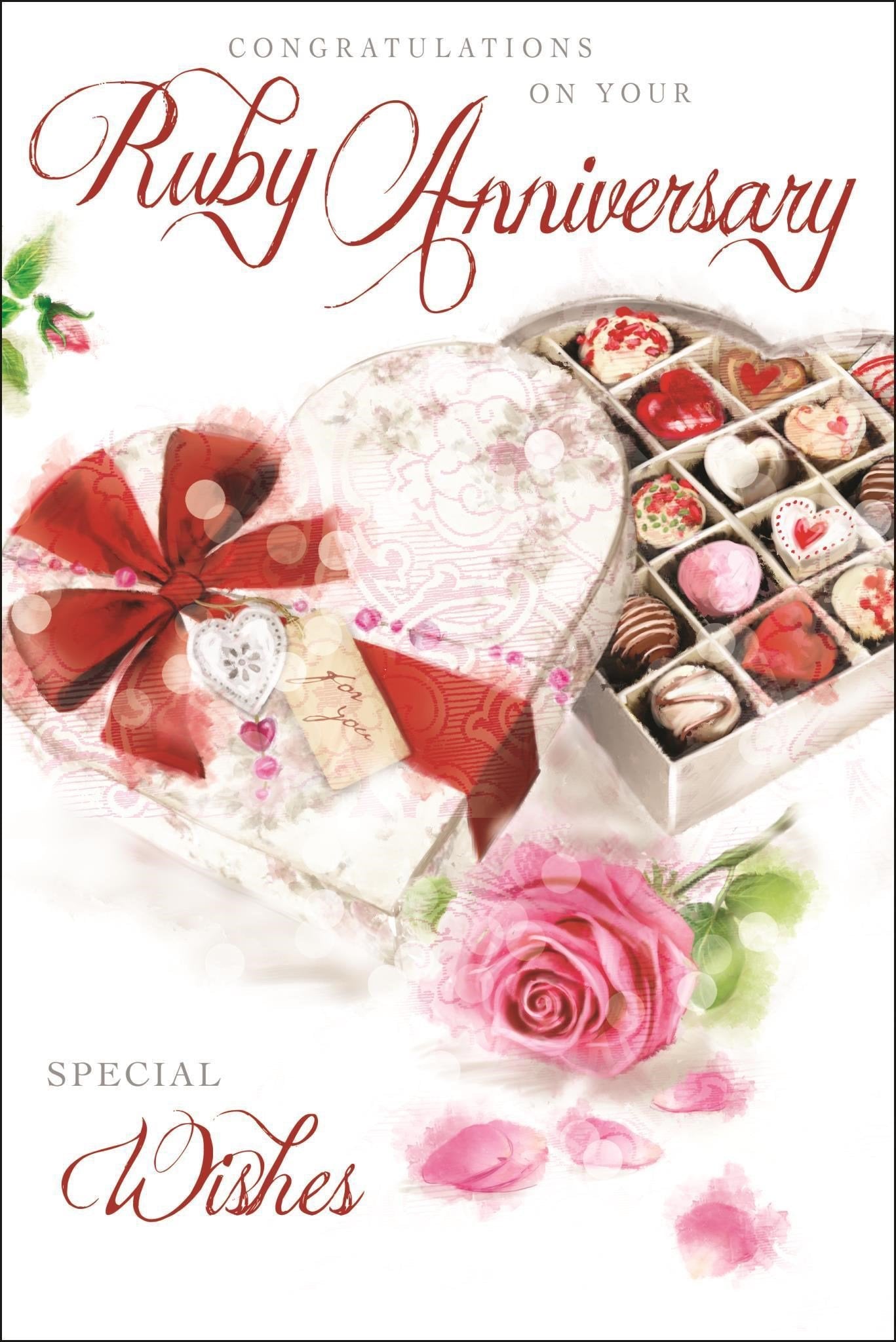 Front of Ruby Wedding Anniversary Chocs Greetings Card