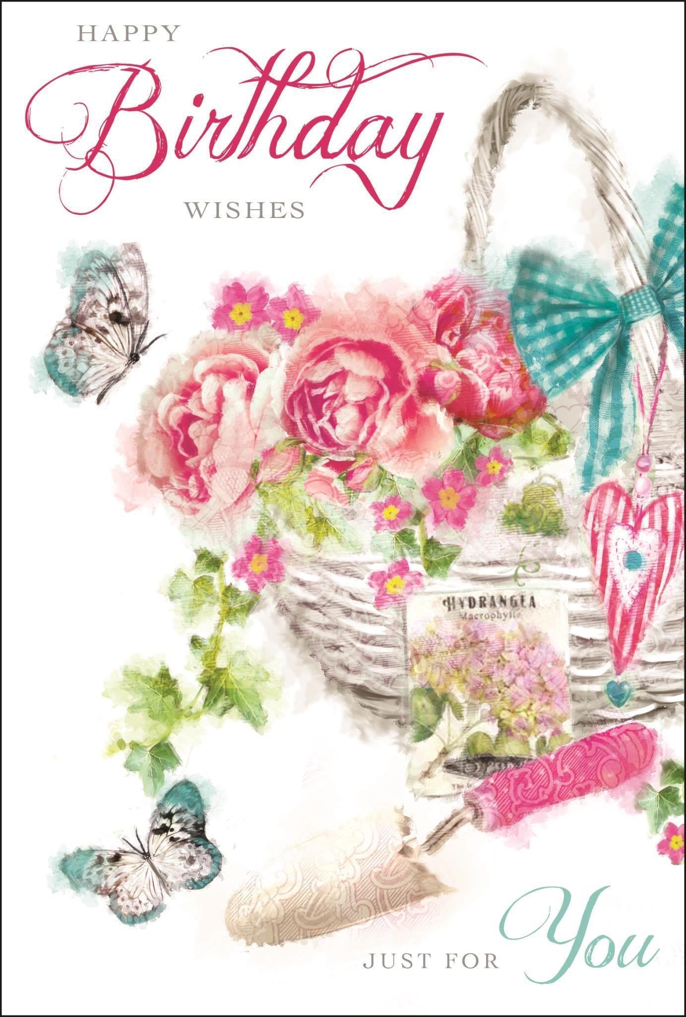 Front of Open Female Birthday Floral Basket Greetings Card
