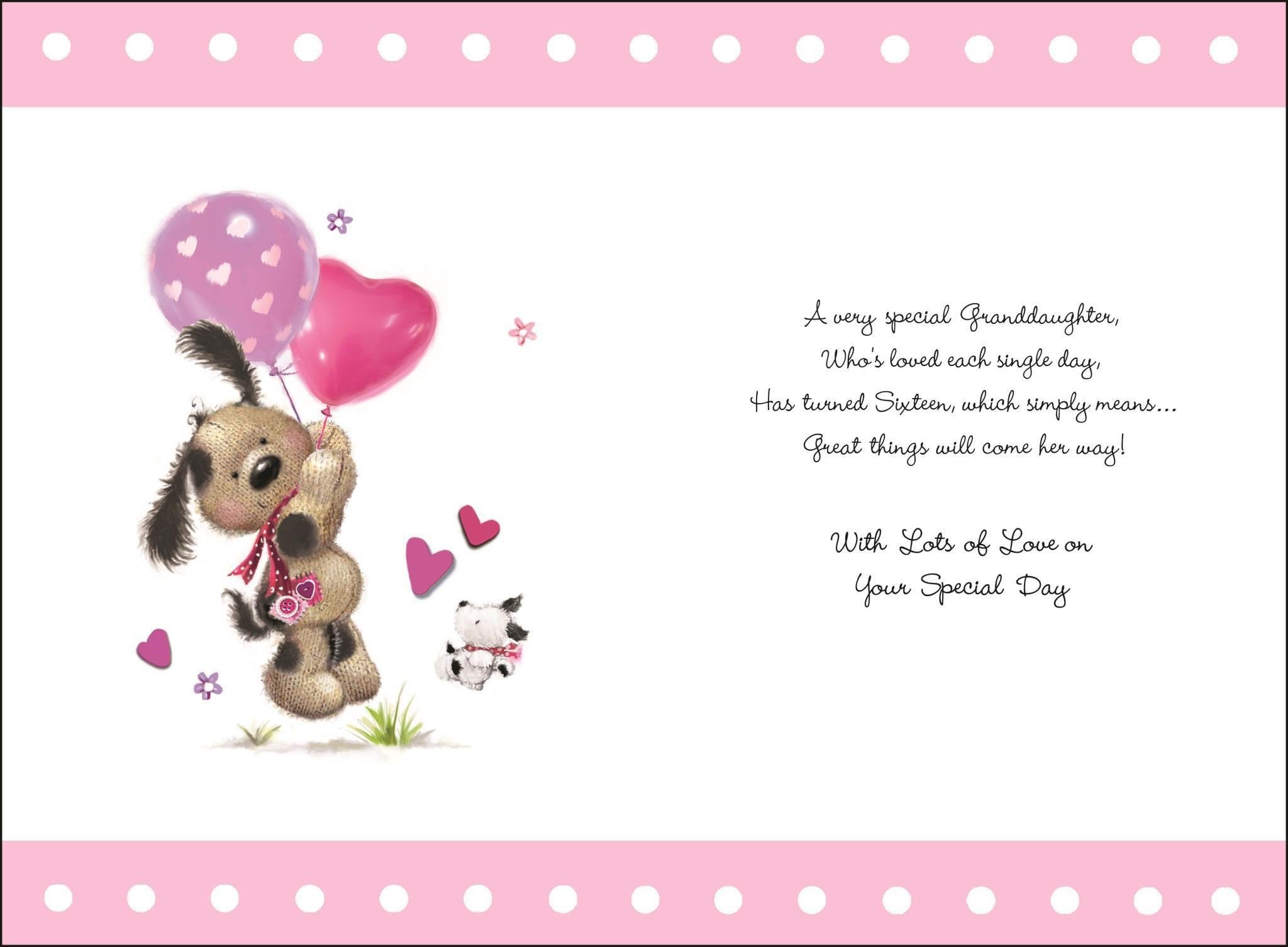 Inside of Granddaughter 16th Birthday Balloons Greetings Card