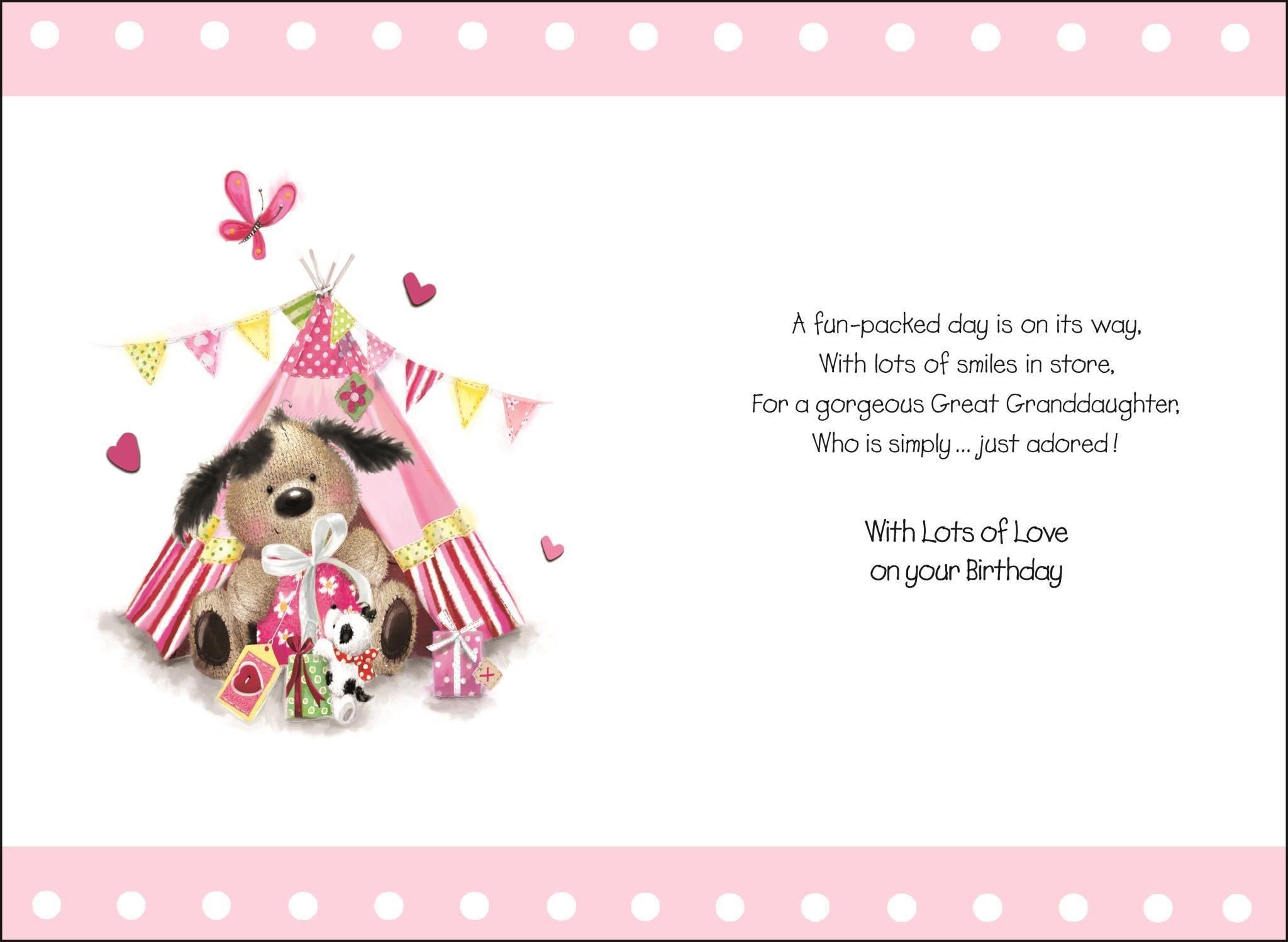 Inside of Great Granddaughter Birthday Tent Greetings Card