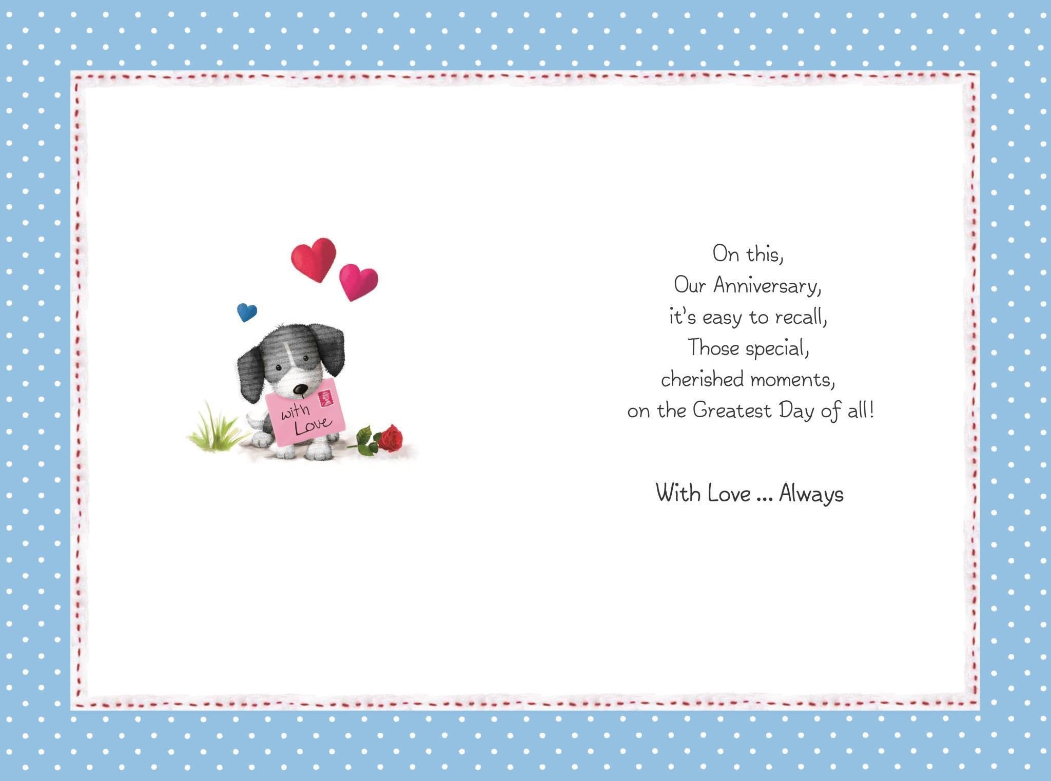 Inside of On Our Anniversary Heart Love Greetings Card