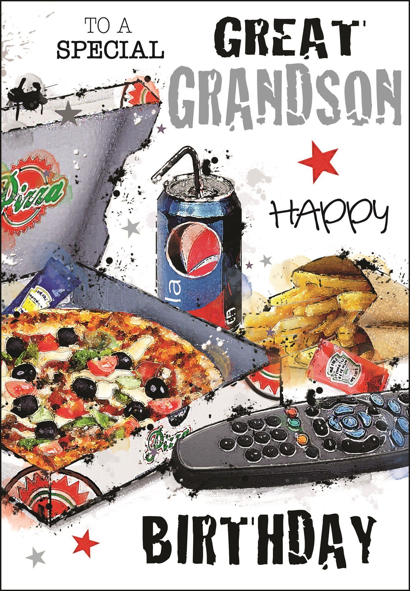 Front of Great Grandson Pizza Birthday Greetings Card