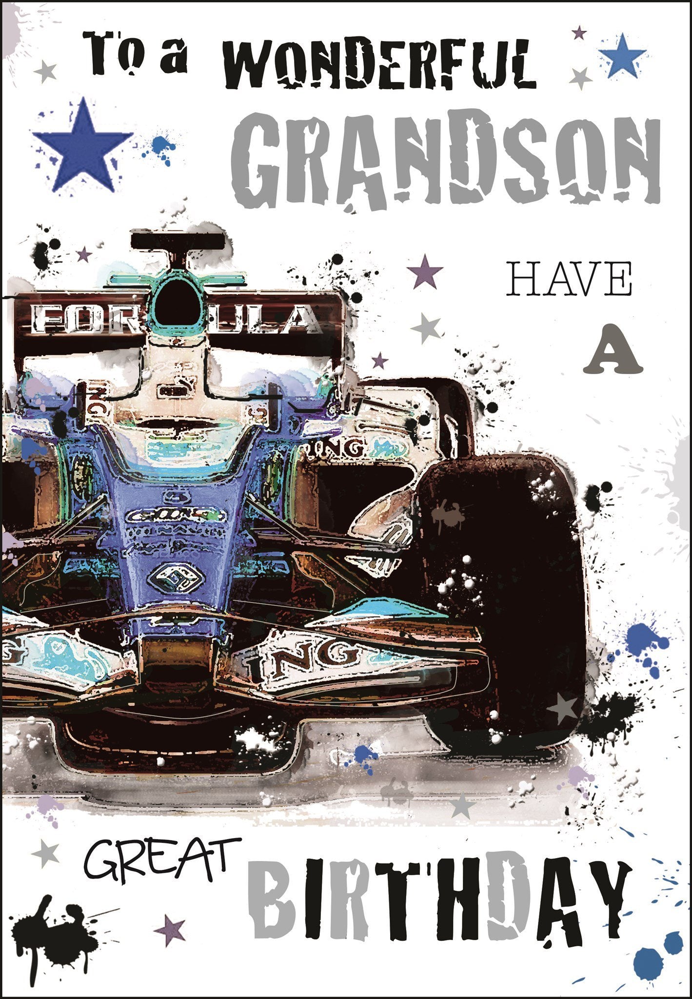 Front of Grandson F1 Car Birthday Greetings Card