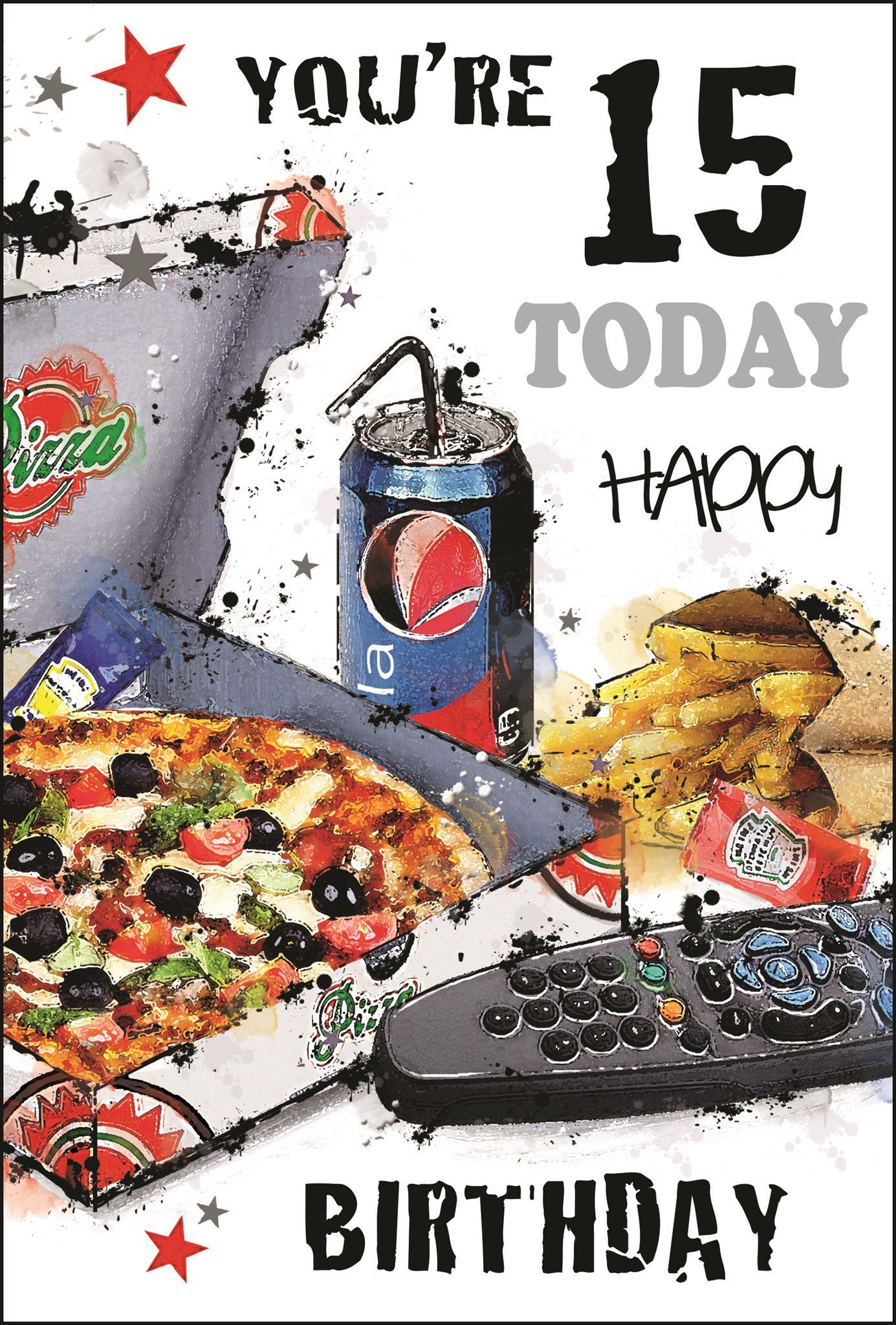 Front of 15th Birthday Boy Pizza Greetings Card