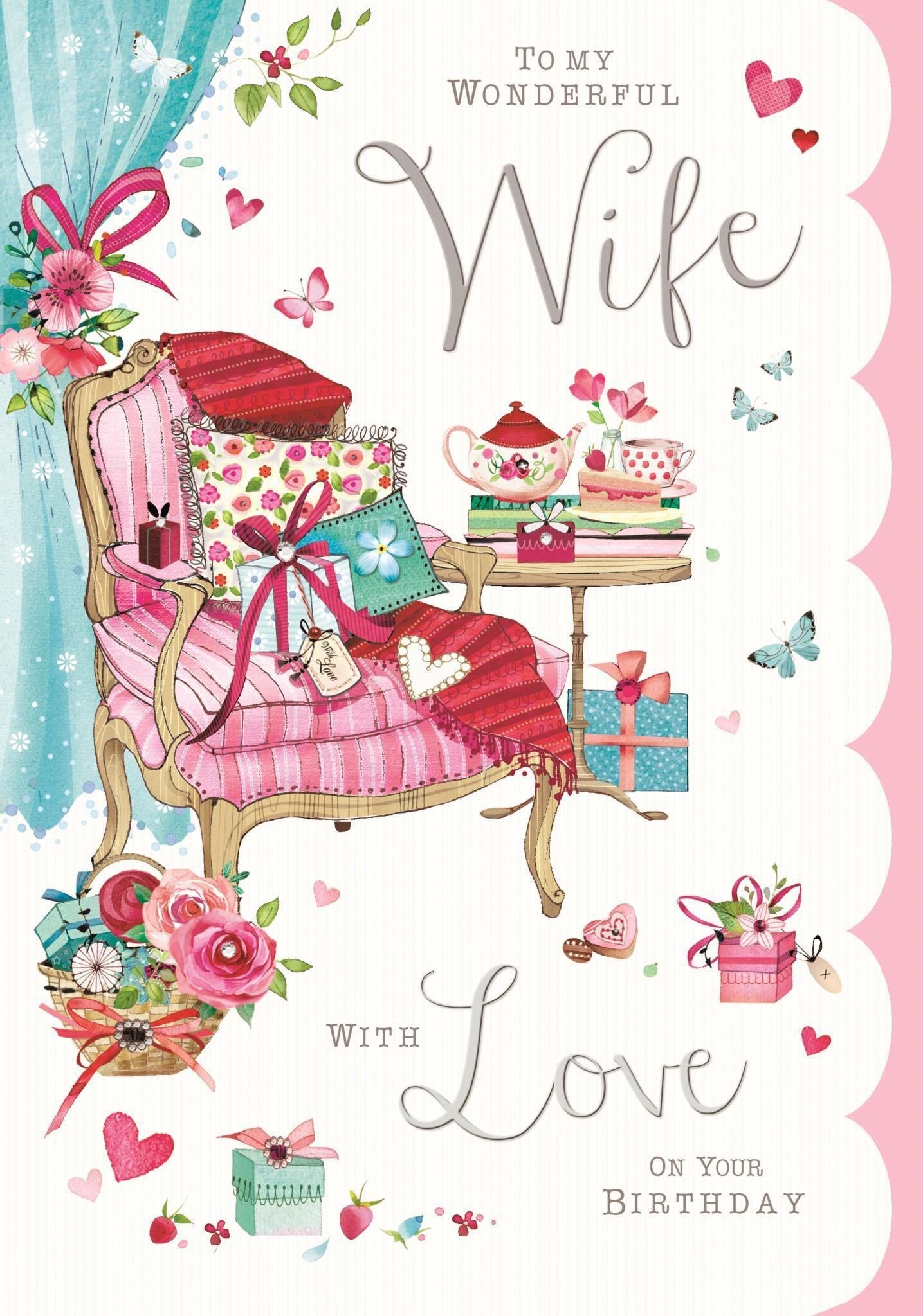 Front of Wife Birthday Chair Gifts Greetings Card