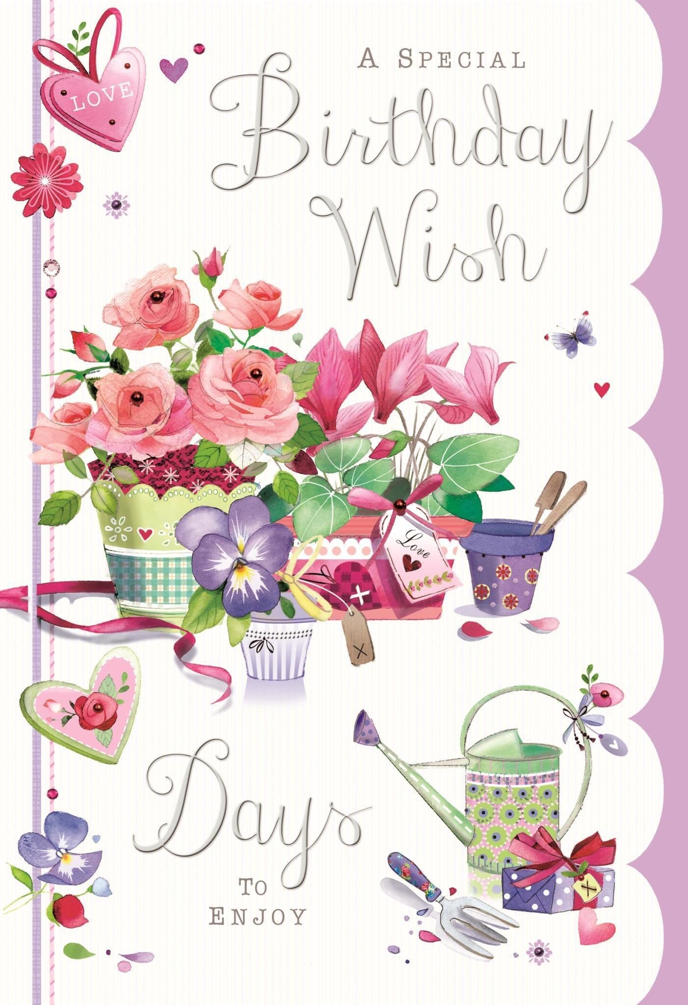 Front of Open Female Birthday Flowers Greetings Card